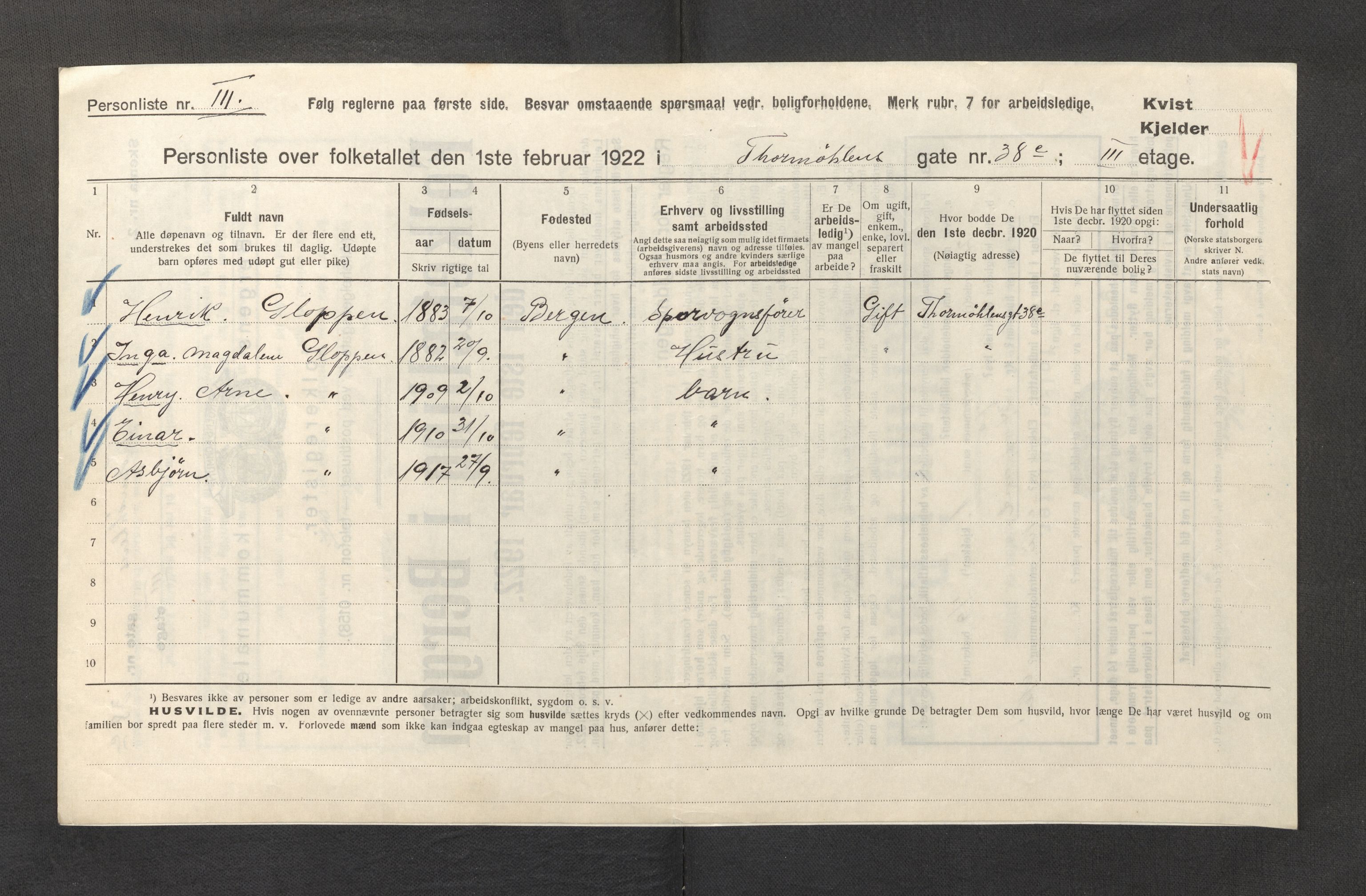 SAB, Municipal Census 1922 for Bergen, 1922, p. 43710