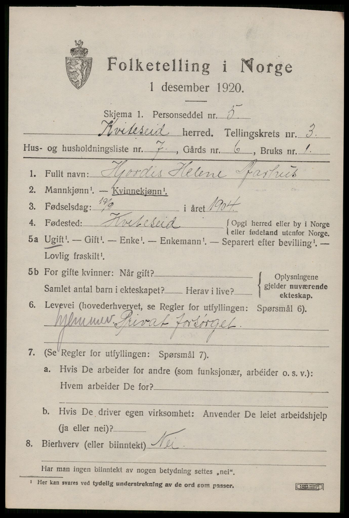 SAKO, 1920 census for Kviteseid, 1920, p. 2477