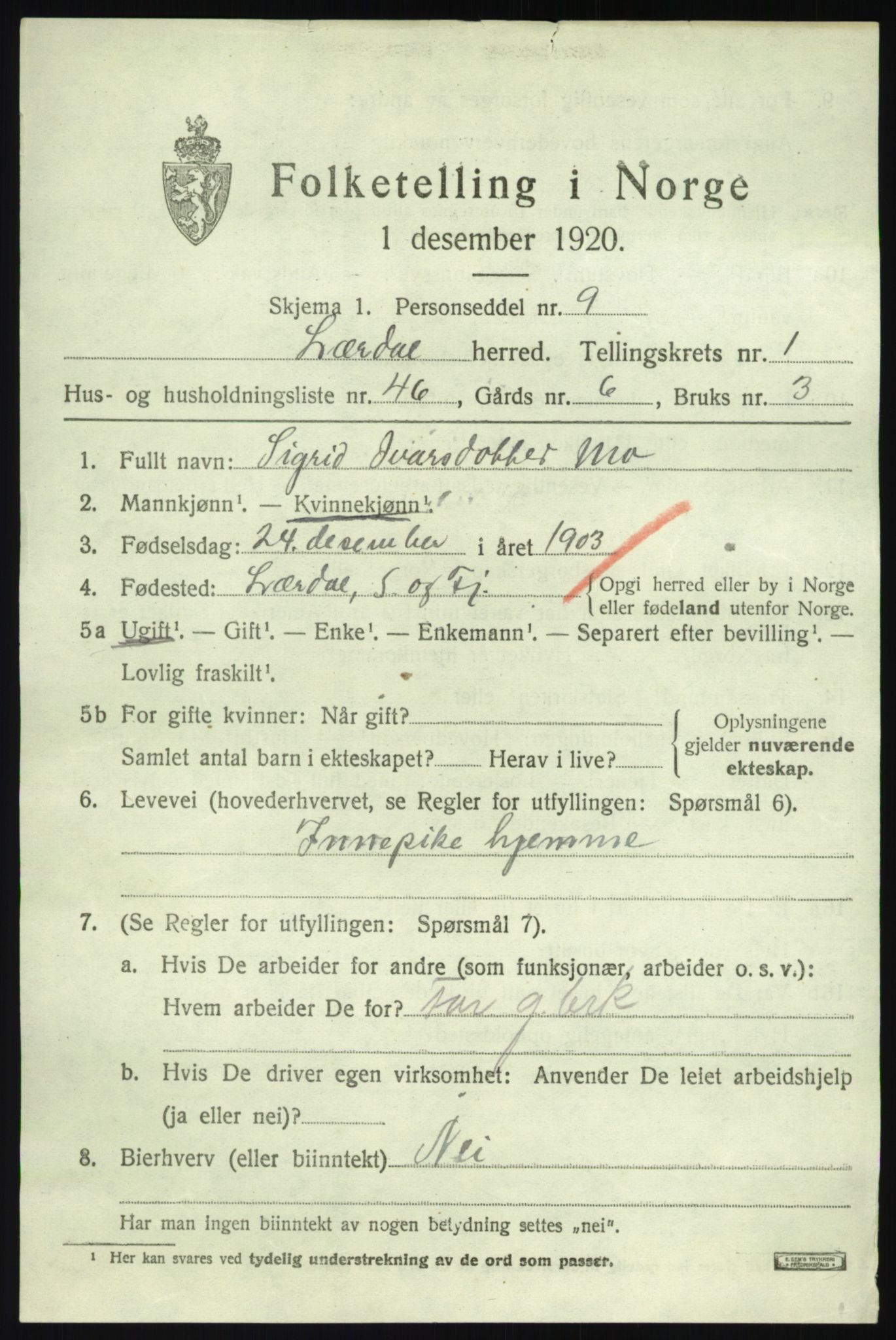 SAB, 1920 census for Lærdal, 1920, p. 1240