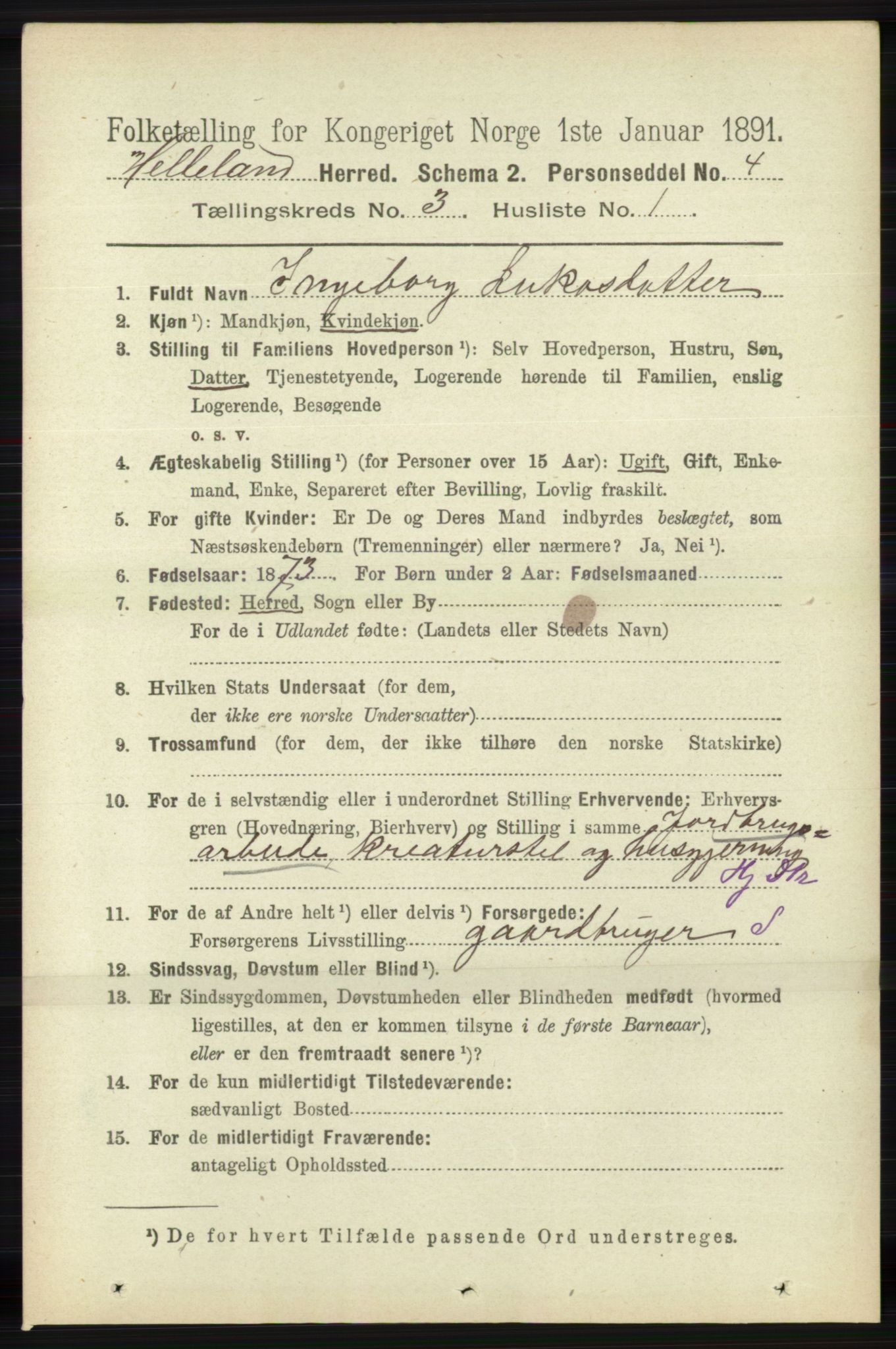 RA, 1891 census for 1115 Helleland, 1891, p. 842