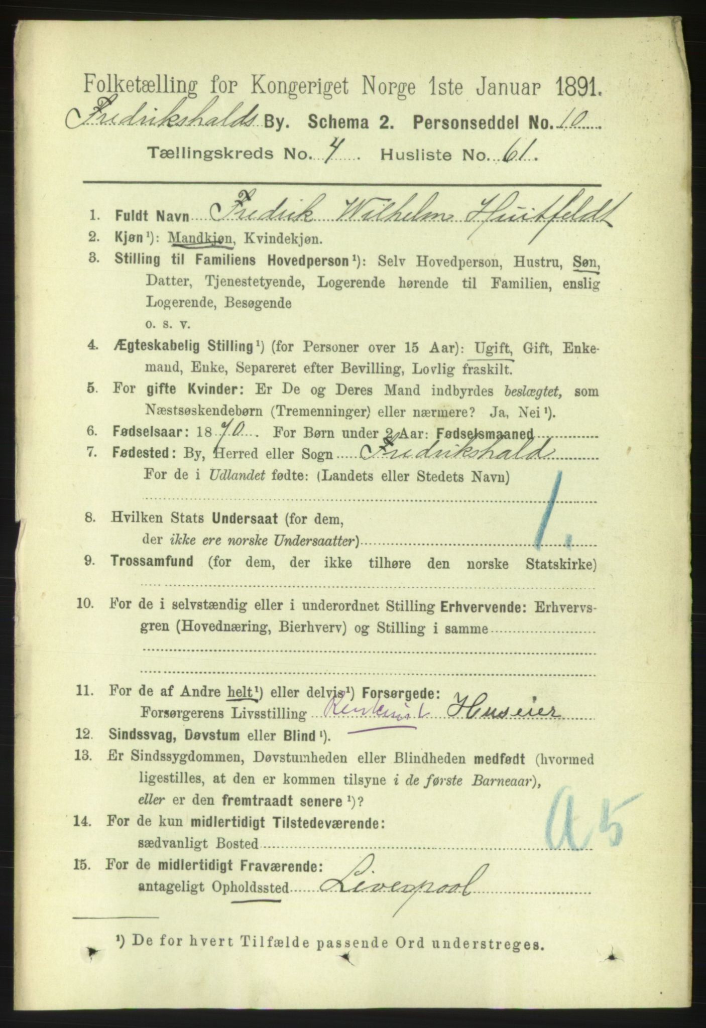 RA, 1891 census for 0101 Fredrikshald, 1891, p. 3936
