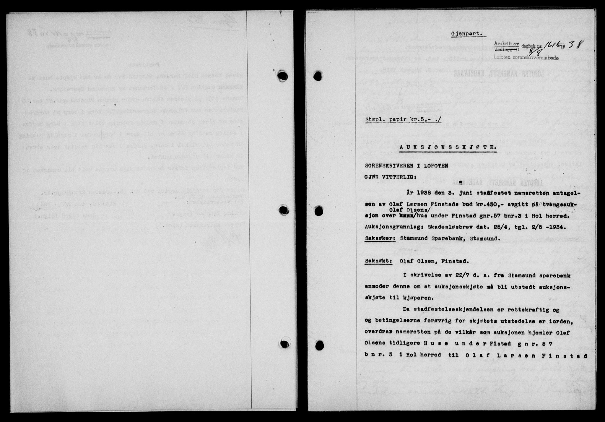 Lofoten sorenskriveri, SAT/A-0017/1/2/2C/L0004a: Mortgage book no. 4a, 1938-1938, Diary no: : 1616/1938