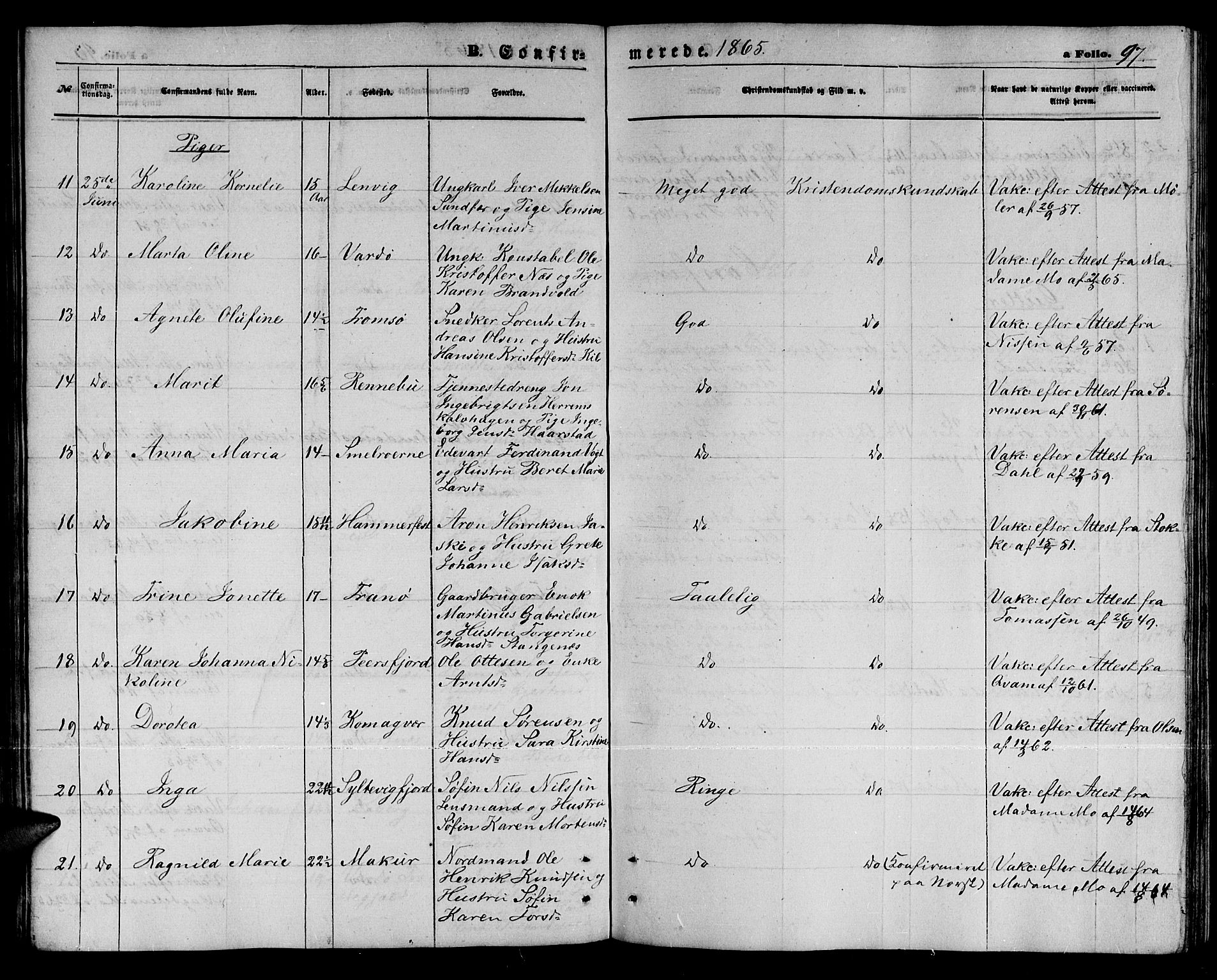 Vardø sokneprestkontor, AV/SATØ-S-1332/H/Hb/L0002klokker: Parish register (copy) no. 2, 1861-1870, p. 97