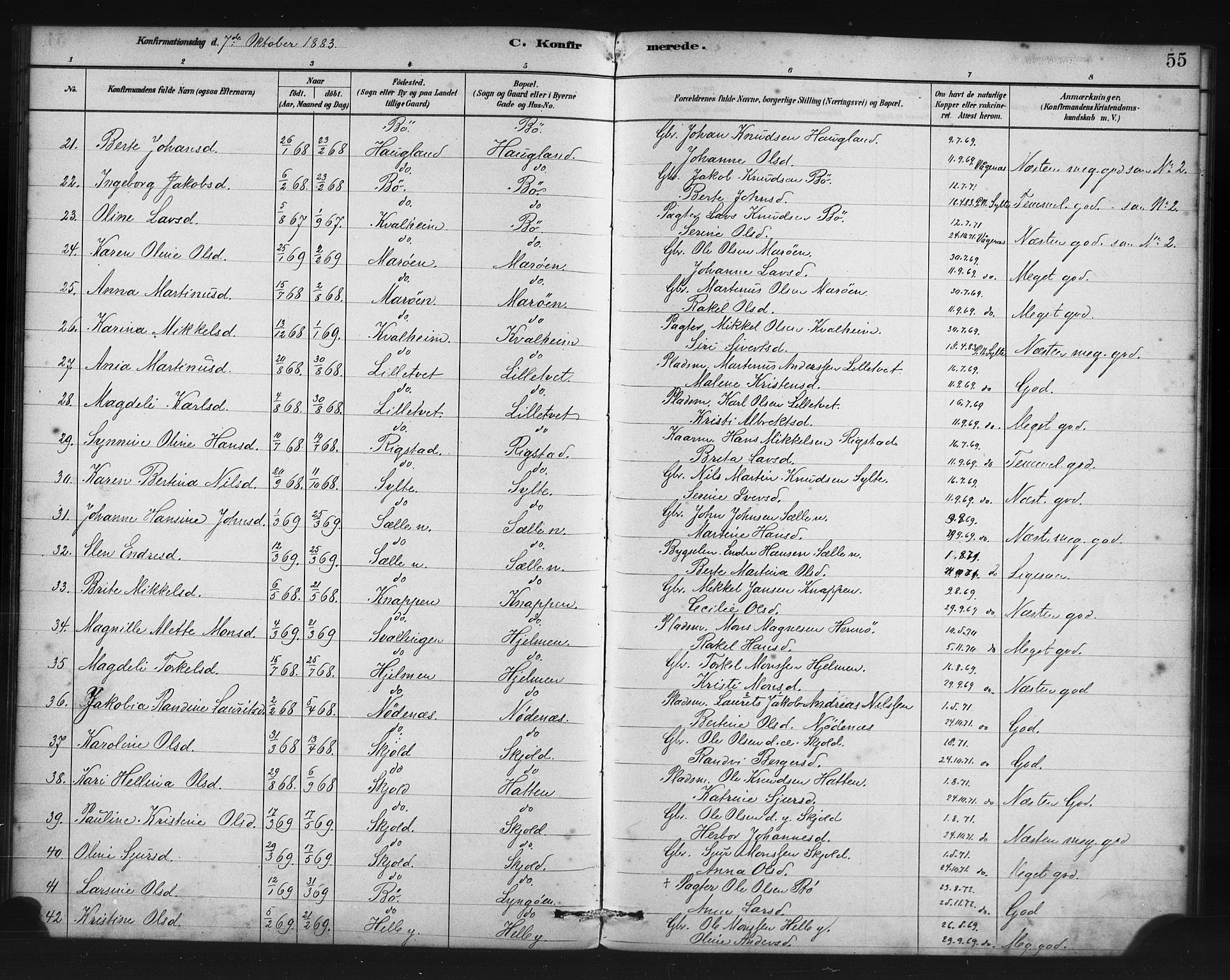 Manger sokneprestembete, SAB/A-76801/H/Haa: Parish register (official) no. C 1, 1881-1890, p. 55
