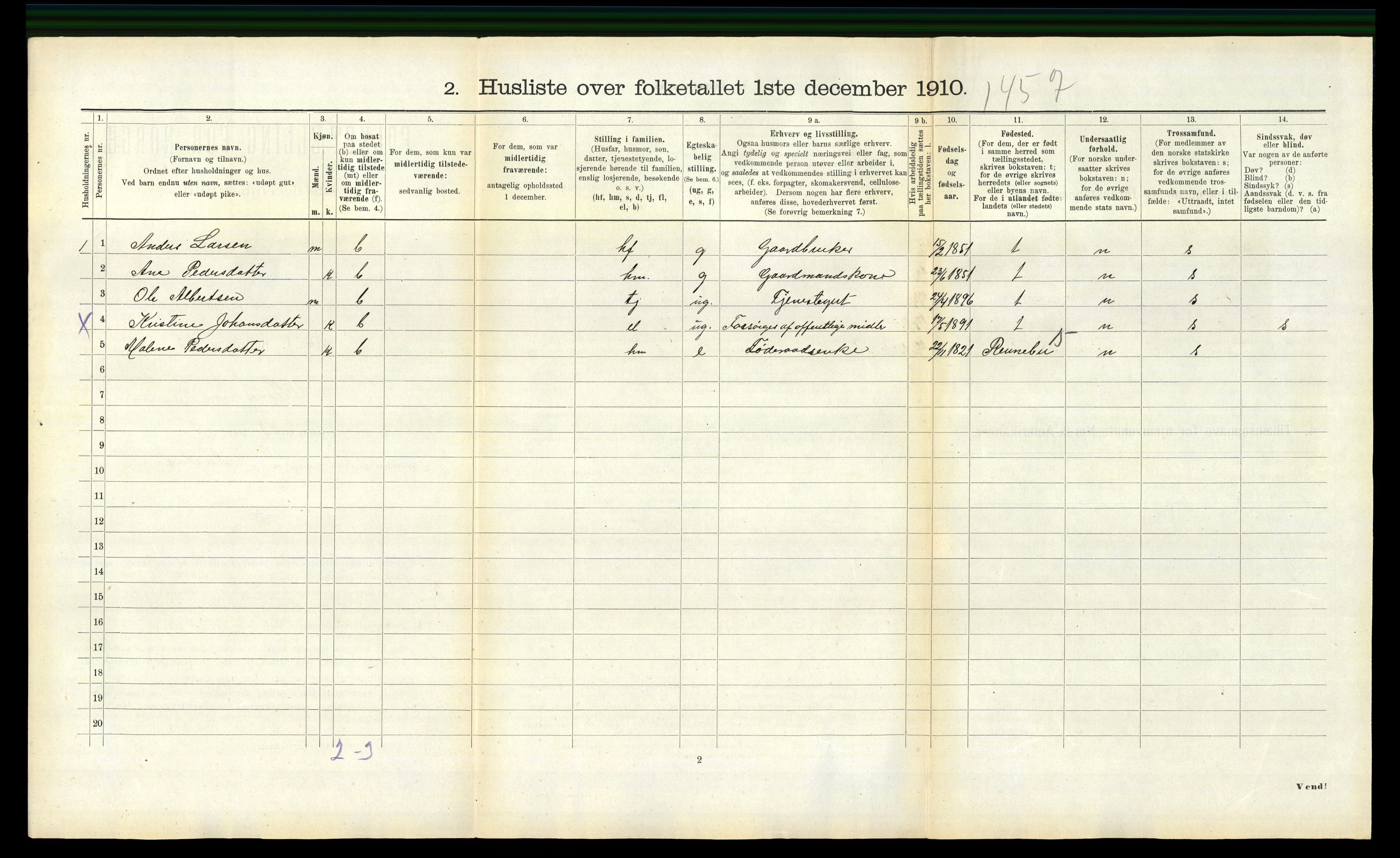 RA, 1910 census for Hemne, 1910, p. 588