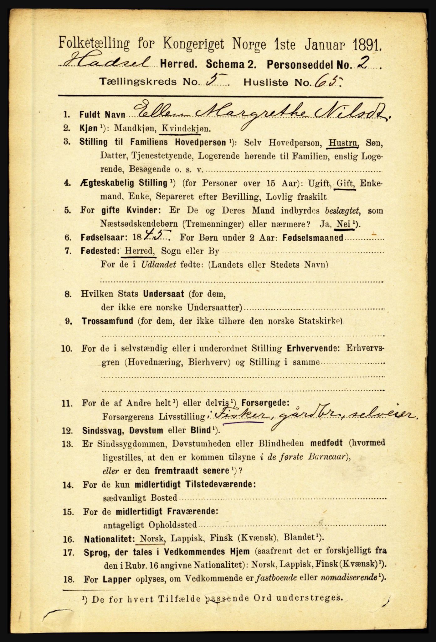 RA, 1891 census for 1866 Hadsel, 1891, p. 2570