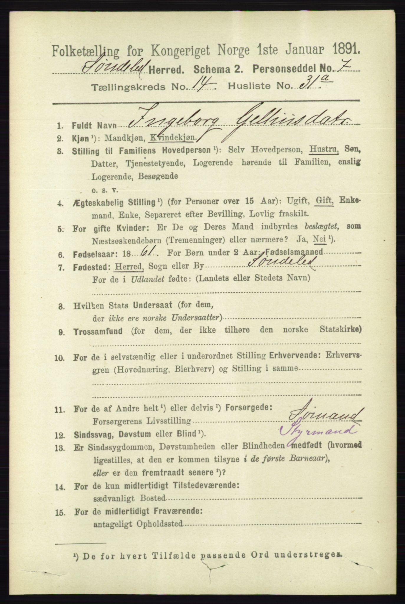 RA, 1891 census for 0913 Søndeled, 1891, p. 4298