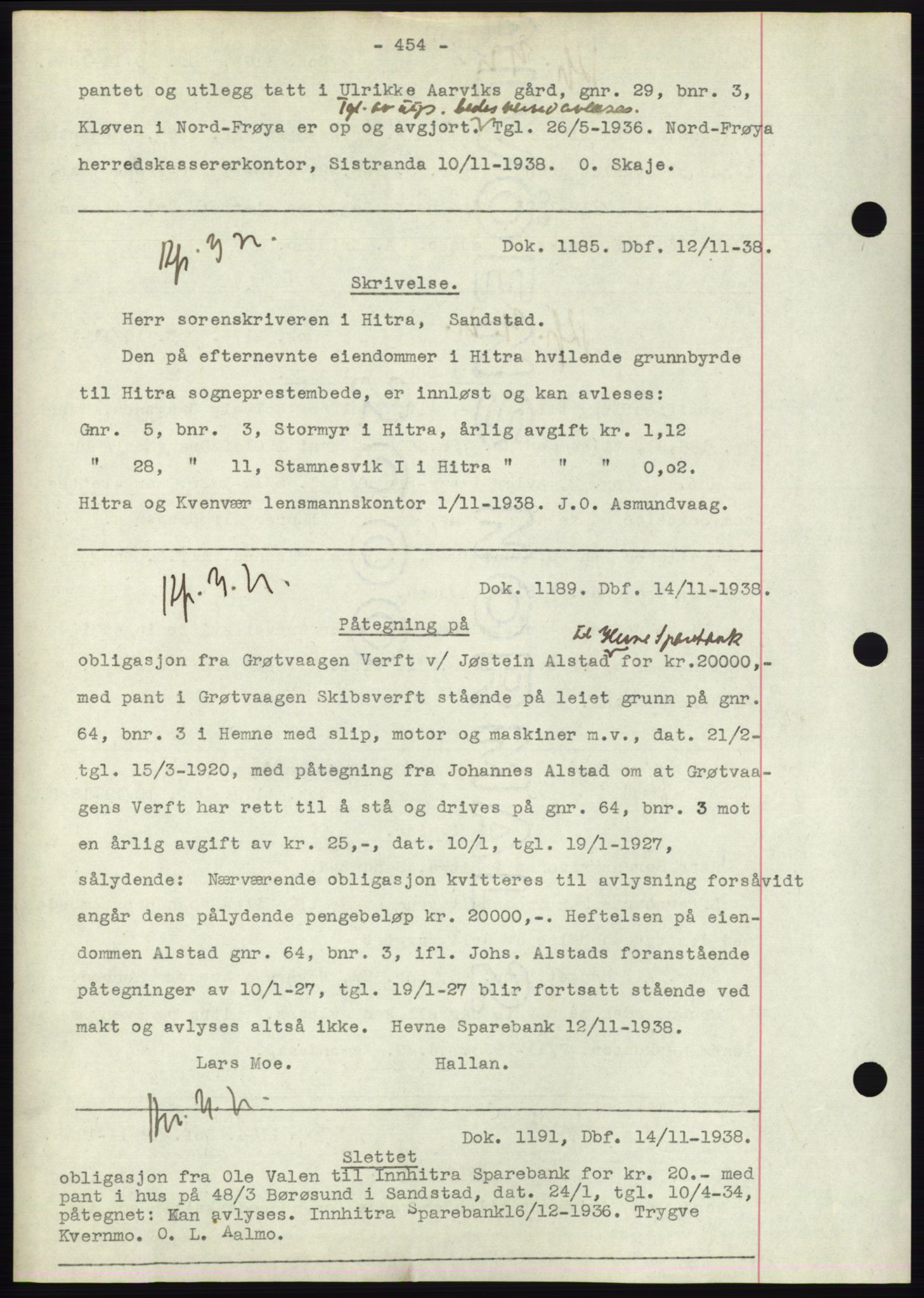 Hitra sorenskriveri, AV/SAT-A-0018/2/2C/2Ca: Mortgage book no. C1, 1936-1945, Diary no: : 1185/1938