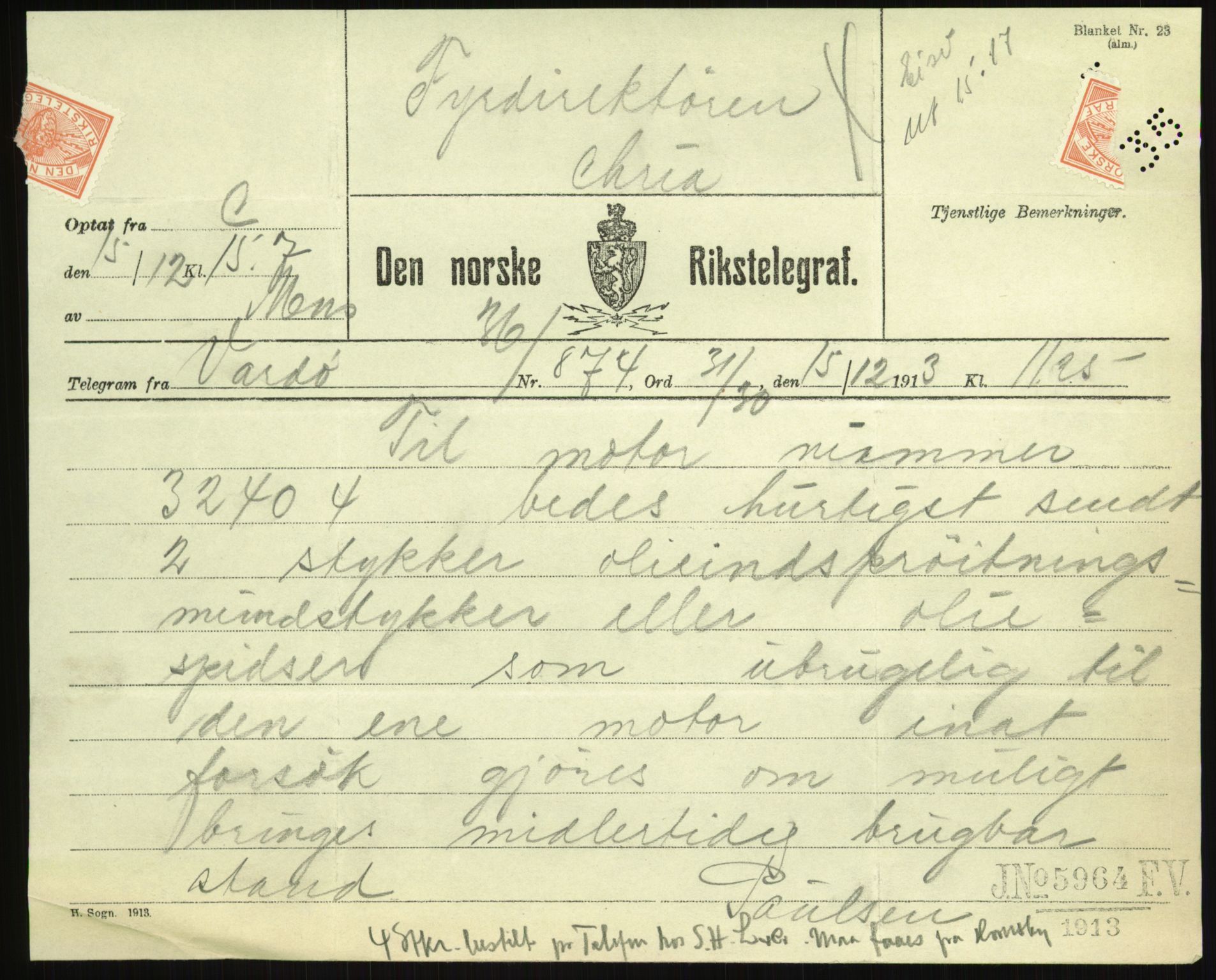 Fyrdirektoratet, AV/RA-S-1602/2/D/L0018/0002: -- / Hornøen fyr (Se 63, 187, 302), 1910-1913