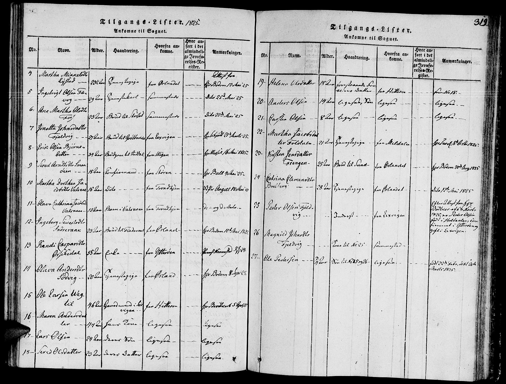 Ministerialprotokoller, klokkerbøker og fødselsregistre - Sør-Trøndelag, SAT/A-1456/646/L0608: Parish register (official) no. 646A06, 1816-1825, p. 319
