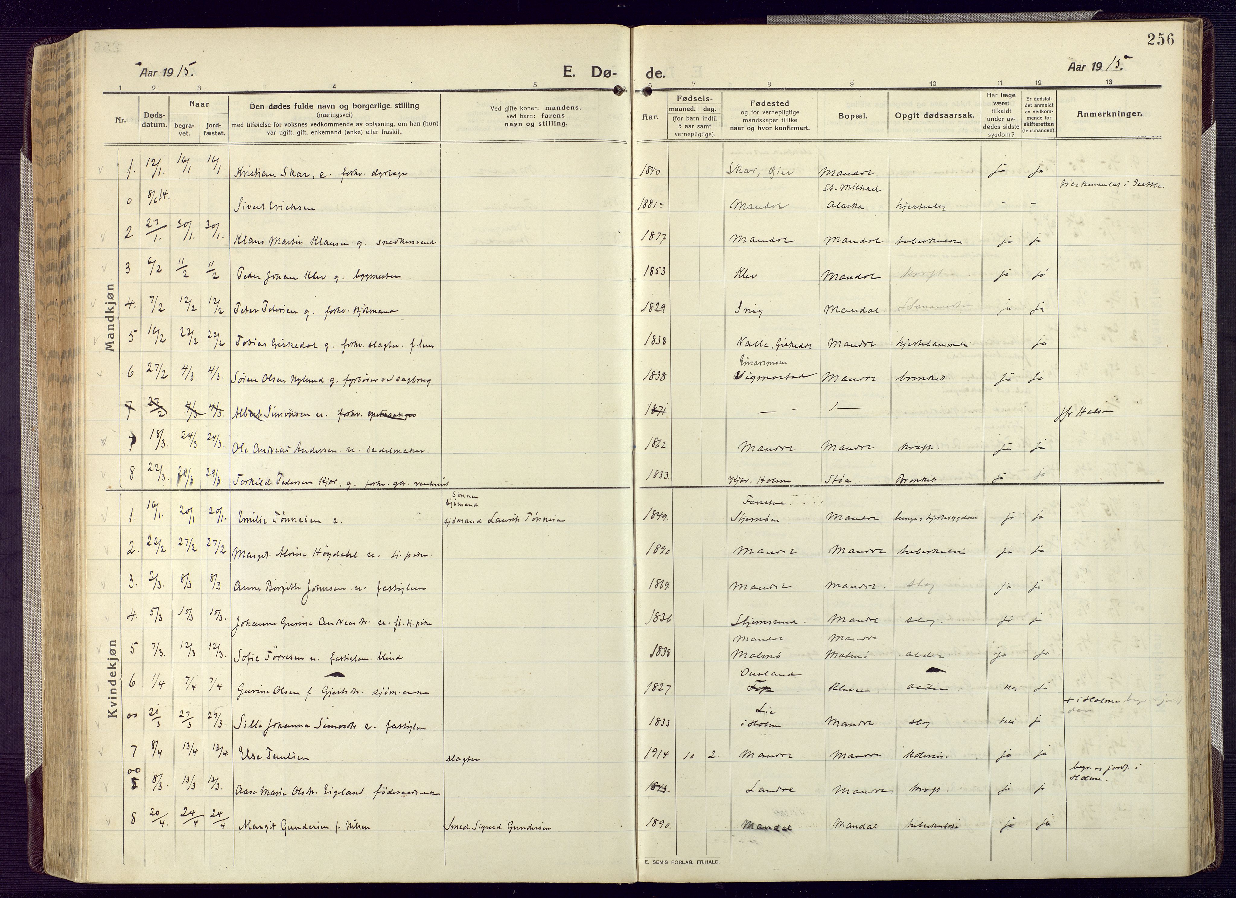 Mandal sokneprestkontor, SAK/1111-0030/F/Fa/Fac/L0001: Parish register (official) no. A 1, 1913-1925, p. 256