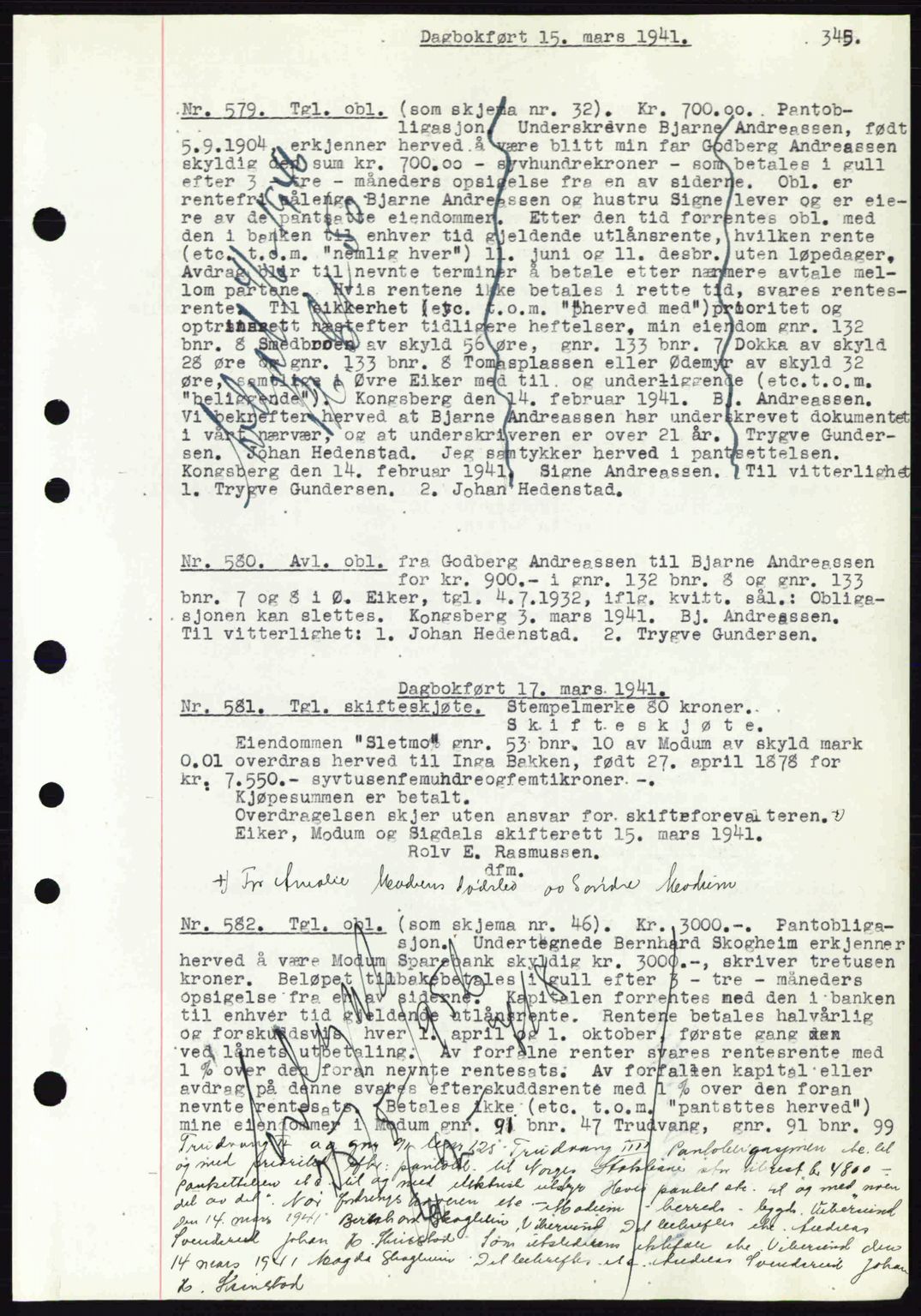 Eiker, Modum og Sigdal sorenskriveri, SAKO/A-123/G/Ga/Gab/L0043: Mortgage book no. A13, 1940-1941, Diary no: : 579/1941