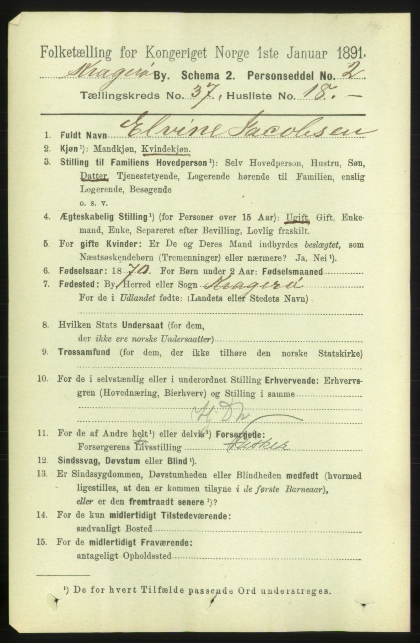 RA, 1891 census for 0801 Kragerø, 1891, p. 6870