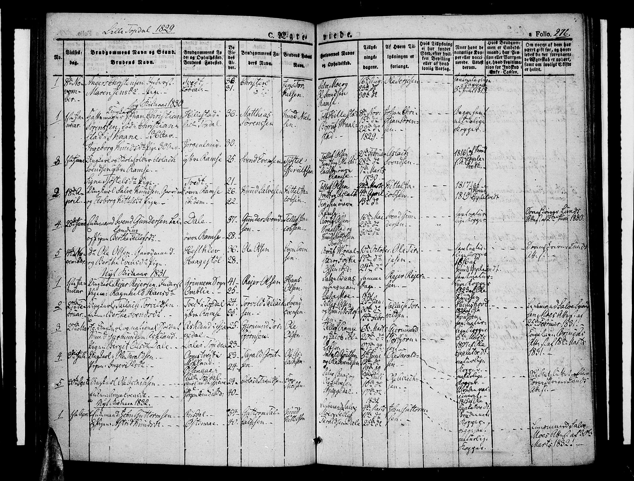 Åmli sokneprestkontor, SAK/1111-0050/F/Fa/Fac/L0007: Parish register (official) no. A 7 /4, 1829-1851, p. 276