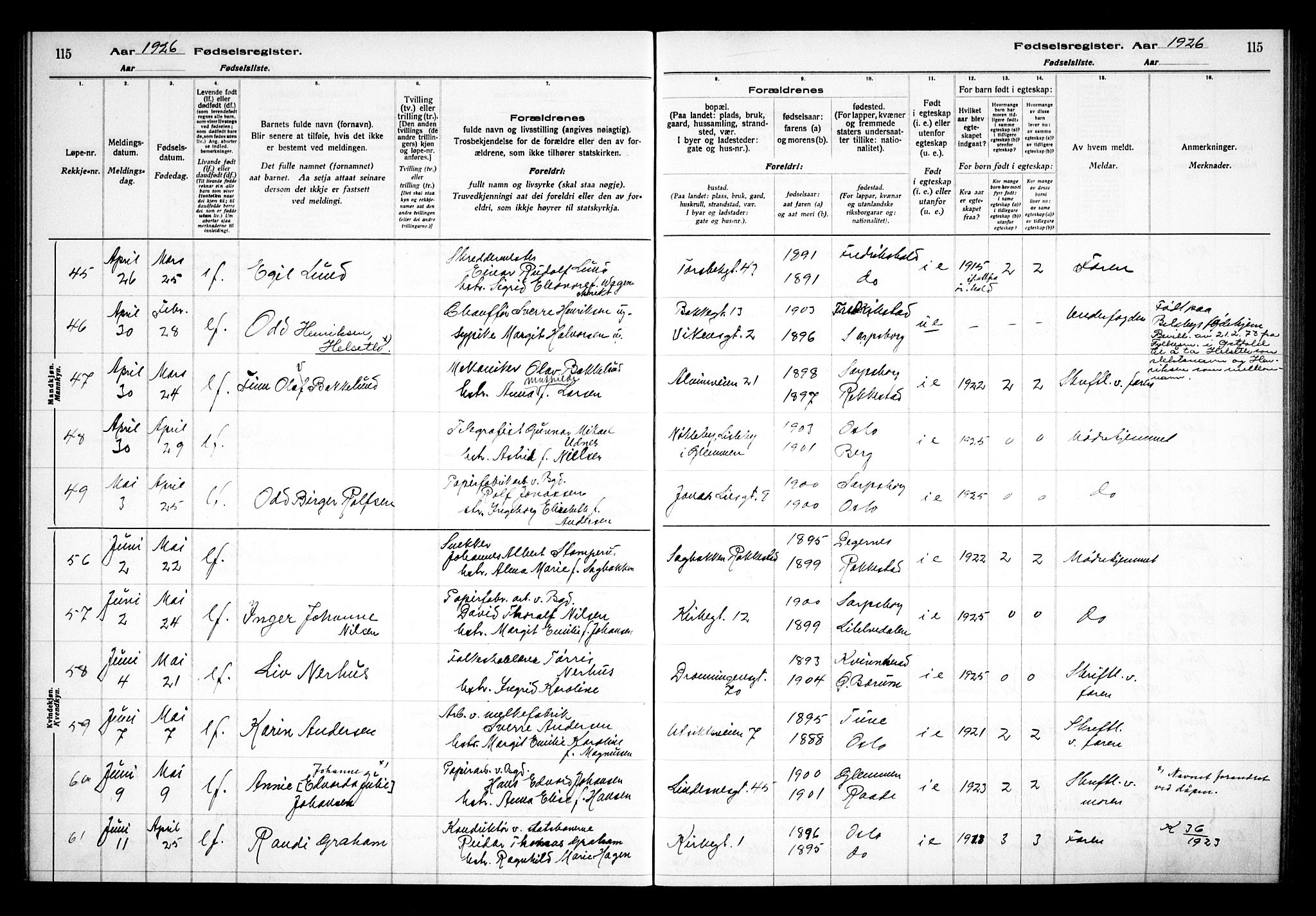 Sarpsborg prestekontor Kirkebøker, AV/SAO-A-2006/J/Ja/L0002: Birth register no. 2, 1922-1928, p. 115