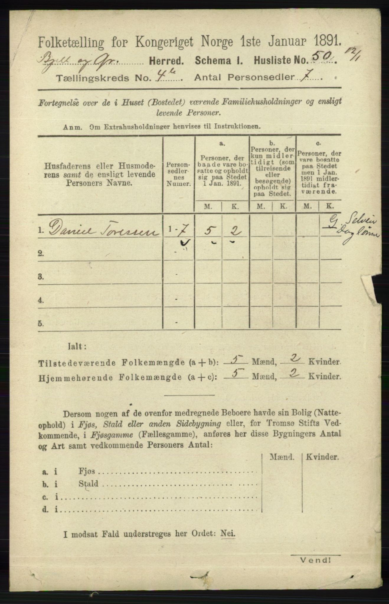 RA, 1891 census for 1024 Bjelland og Grindheim, 1891, p. 2078