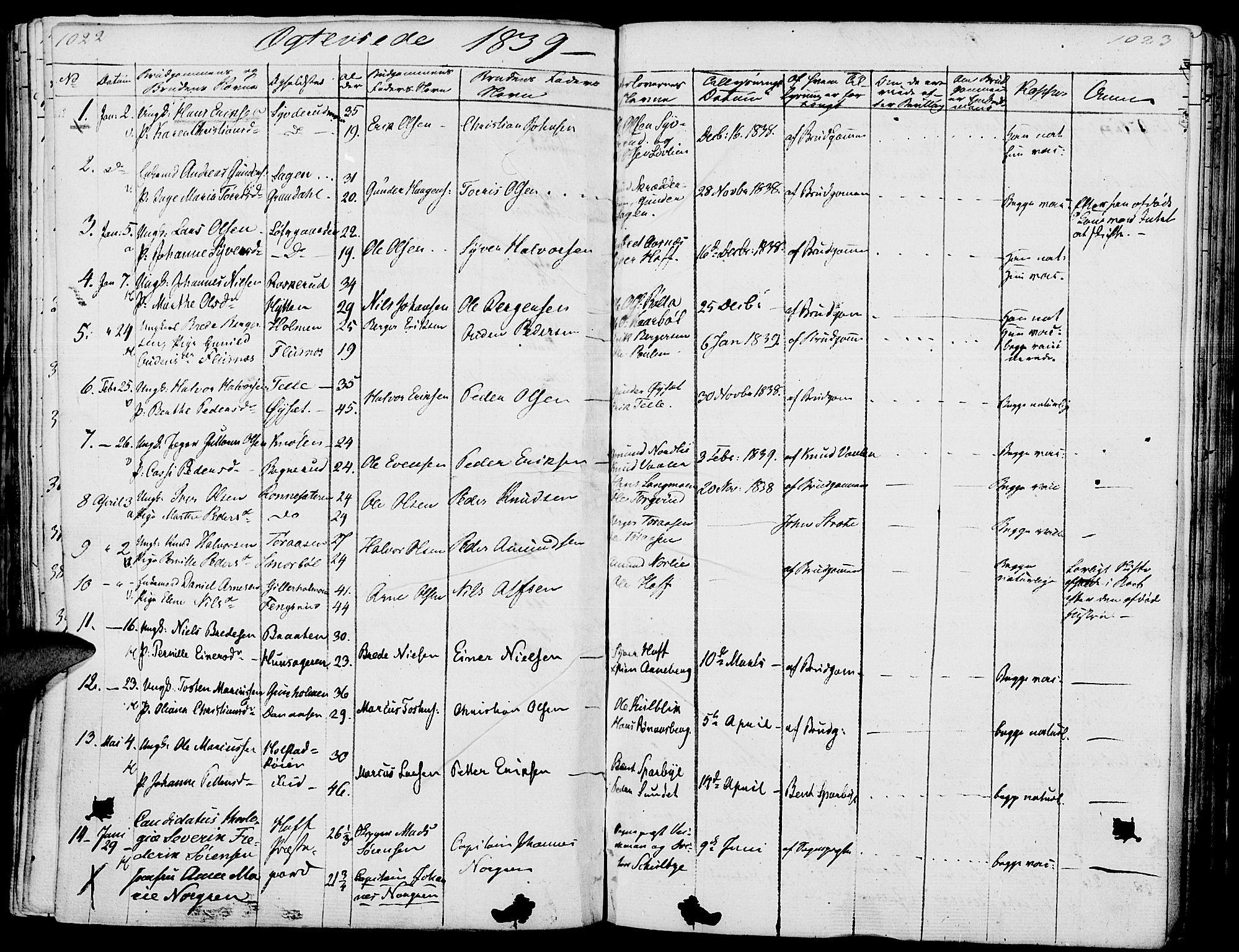 Hof prestekontor, SAH/PREST-038/H/Ha/Haa/L0006: Parish register (official) no. 6, 1822-1841, p. 1022-1023
