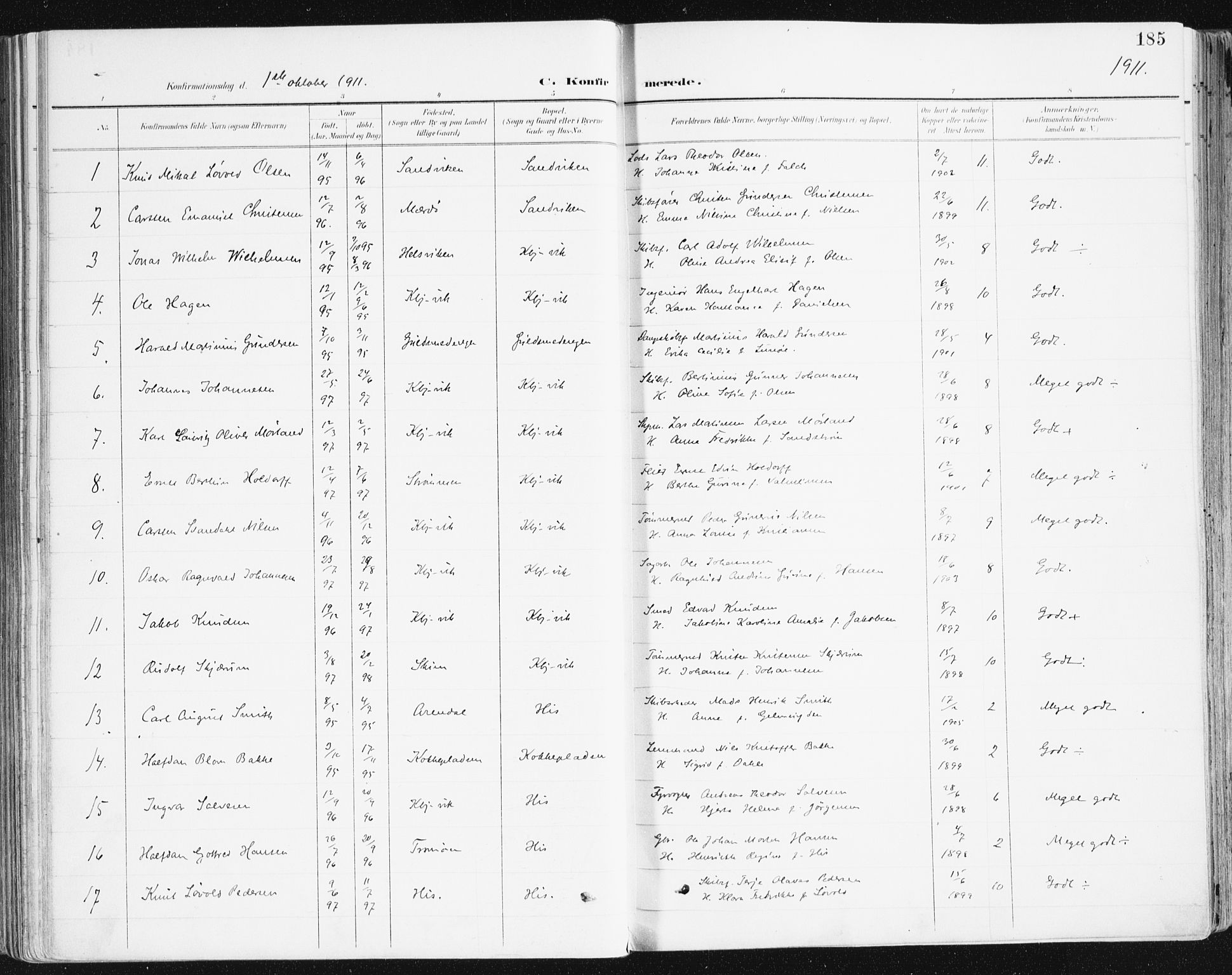 Hisøy sokneprestkontor, SAK/1111-0020/F/Fa/L0004: Parish register (official) no. A 4, 1895-1917, p. 185