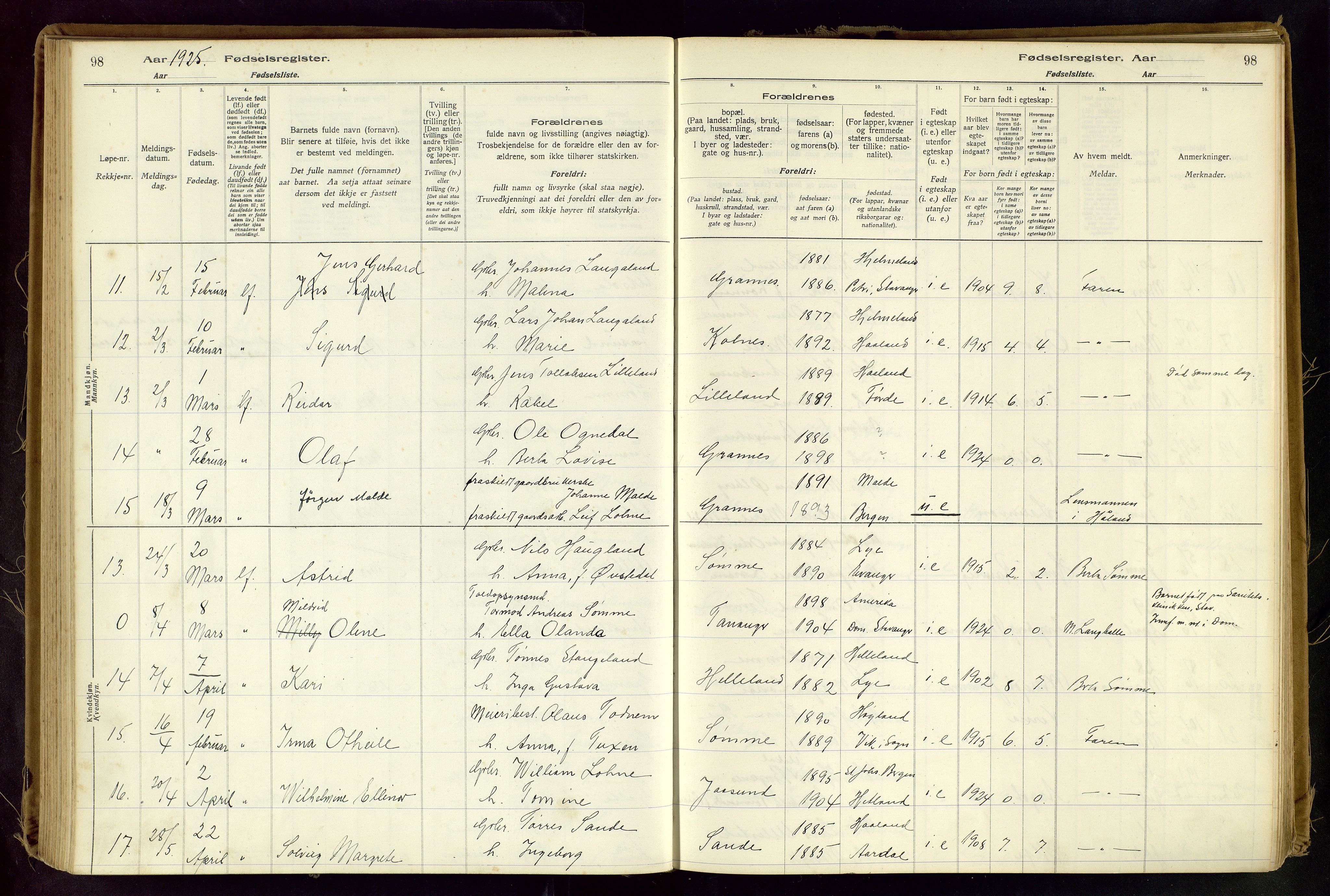 Håland sokneprestkontor, AV/SAST-A-101802/001/704BA/L0001: Birth register no. 1, 1916-1936, p. 98