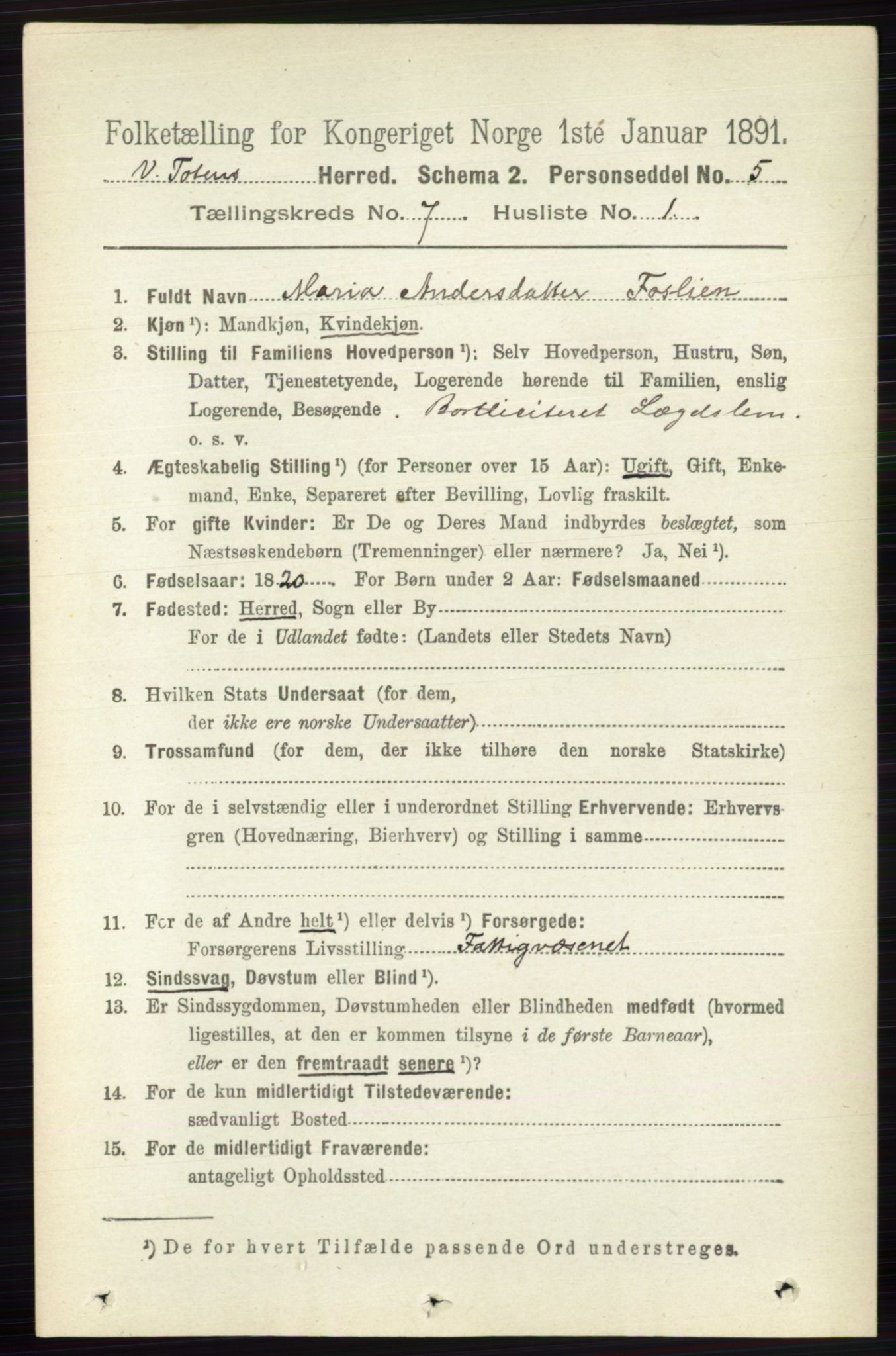 RA, 1891 census for 0529 Vestre Toten, 1891, p. 4379