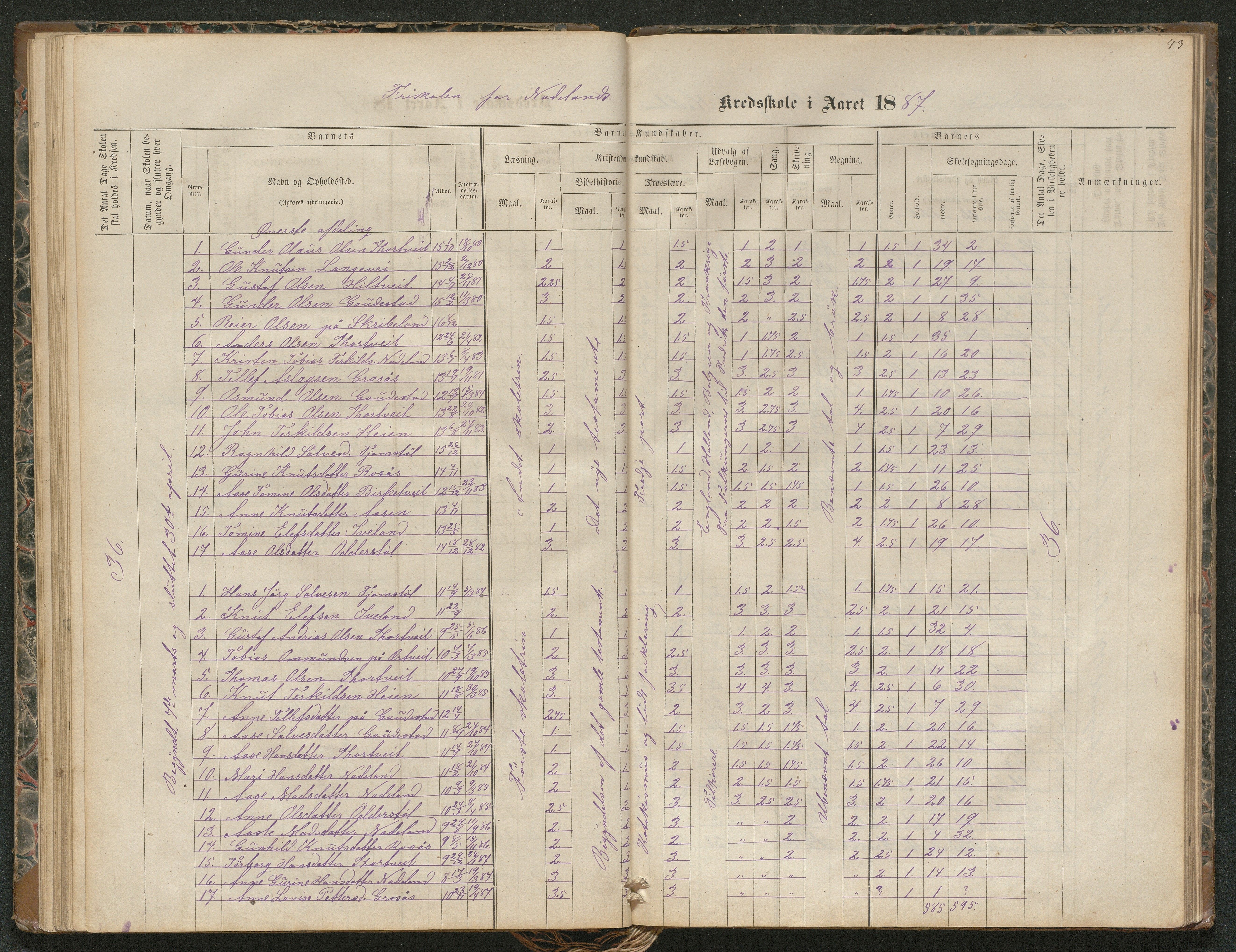 Iveland kommune, De enkelte kretsene/Skolene, AAKS/KA0935-550/A_4/L0002: Dagbok for Hodne og Iveland skolekrets, 1863-1888, p. 43