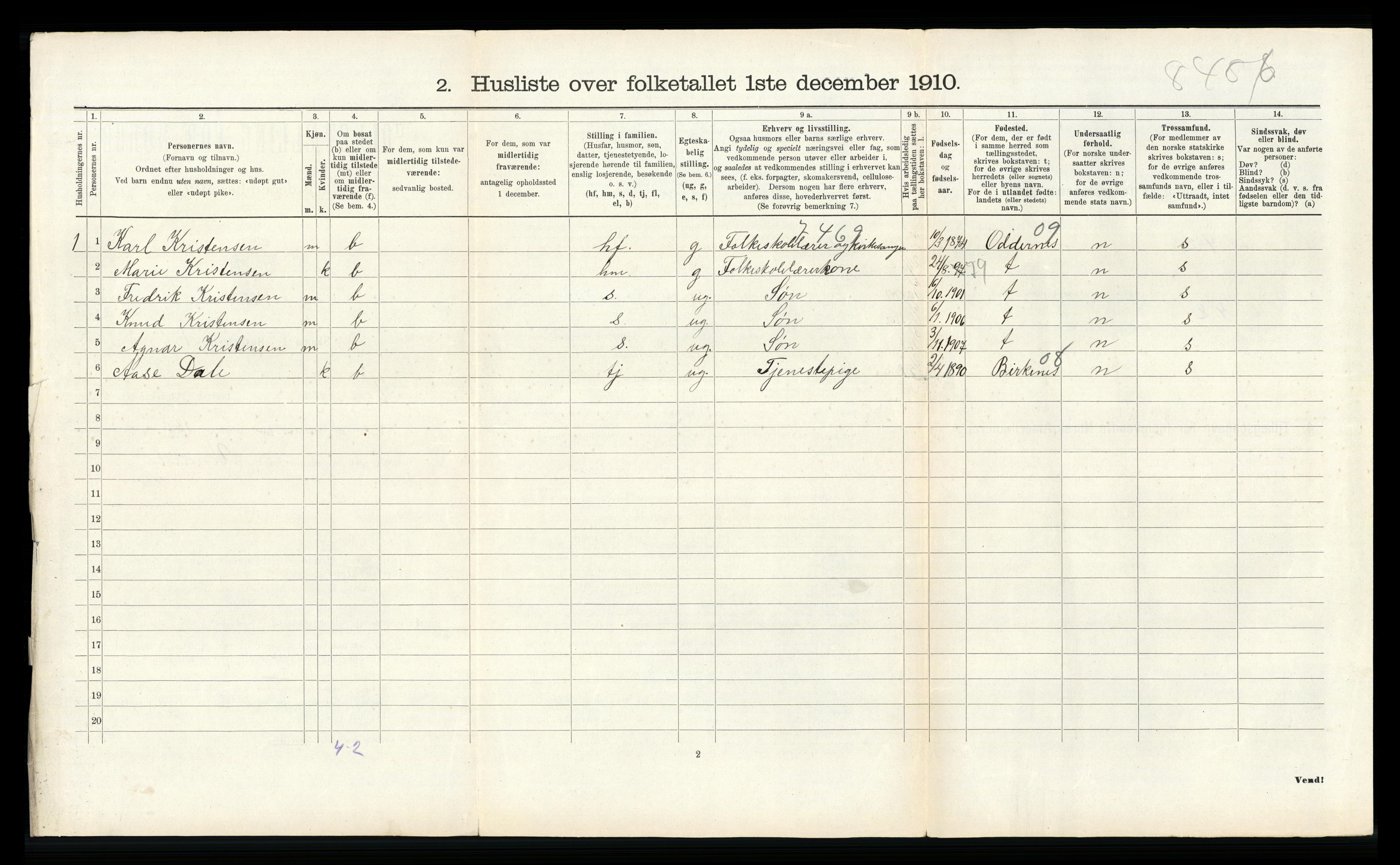 RA, 1910 census for Vennesla, 1910, p. 453