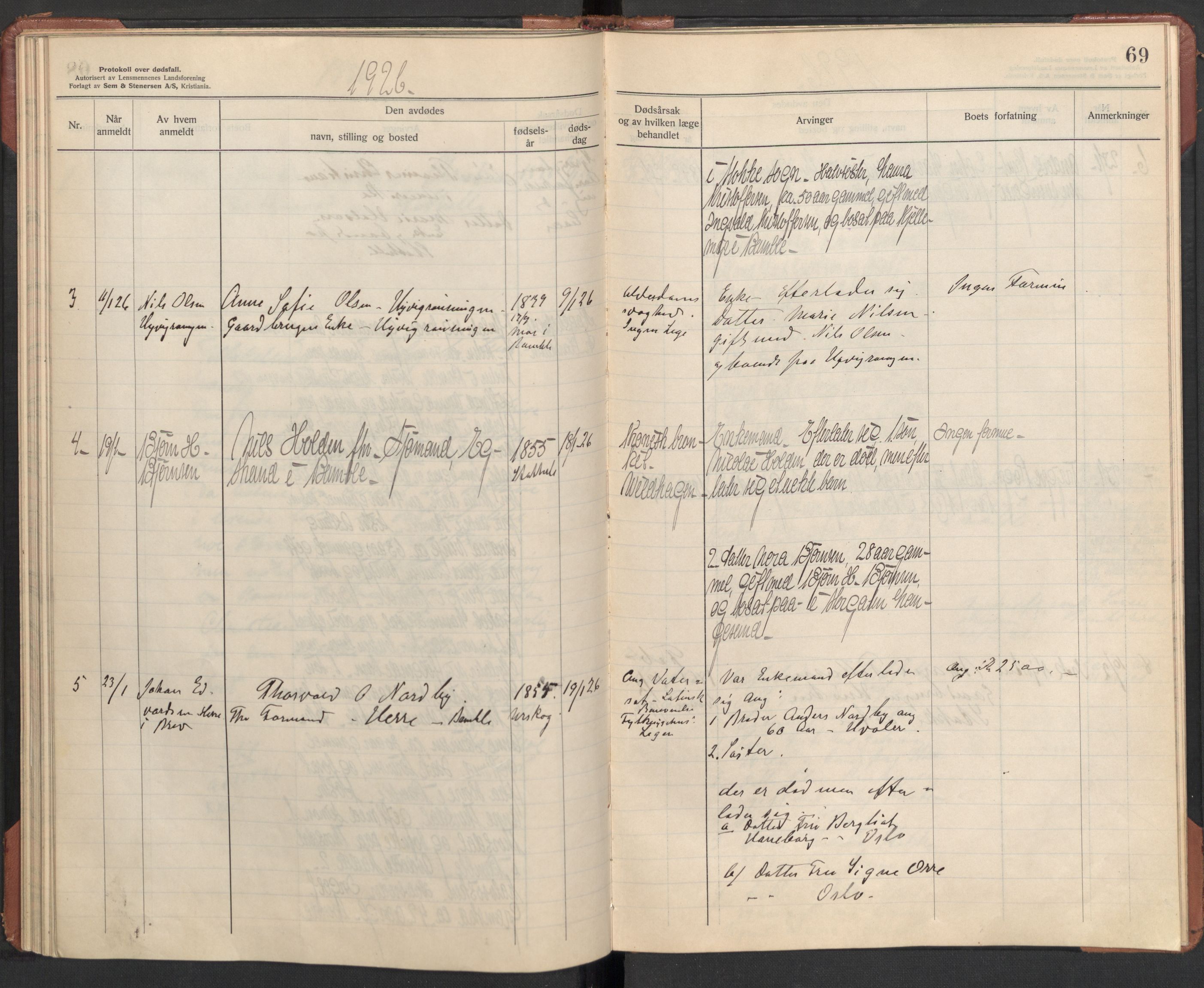 Bamble lensmannskontor, SAKO/A-552/H/Ha/Haa/L0004: Dødsfallsprotokoll, 1923-1926, p. 69