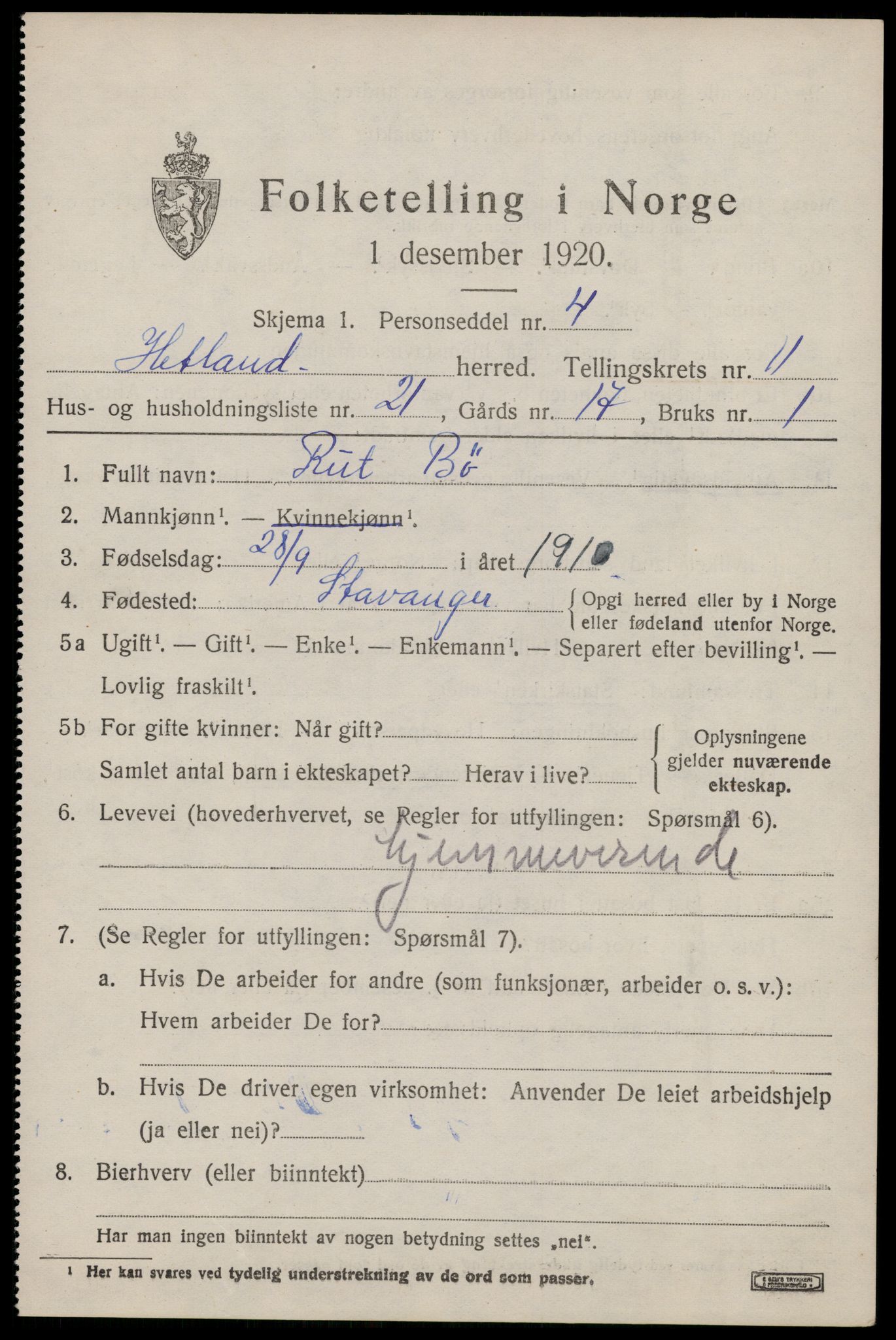 SAST, 1920 census for Hetland, 1920, p. 20285