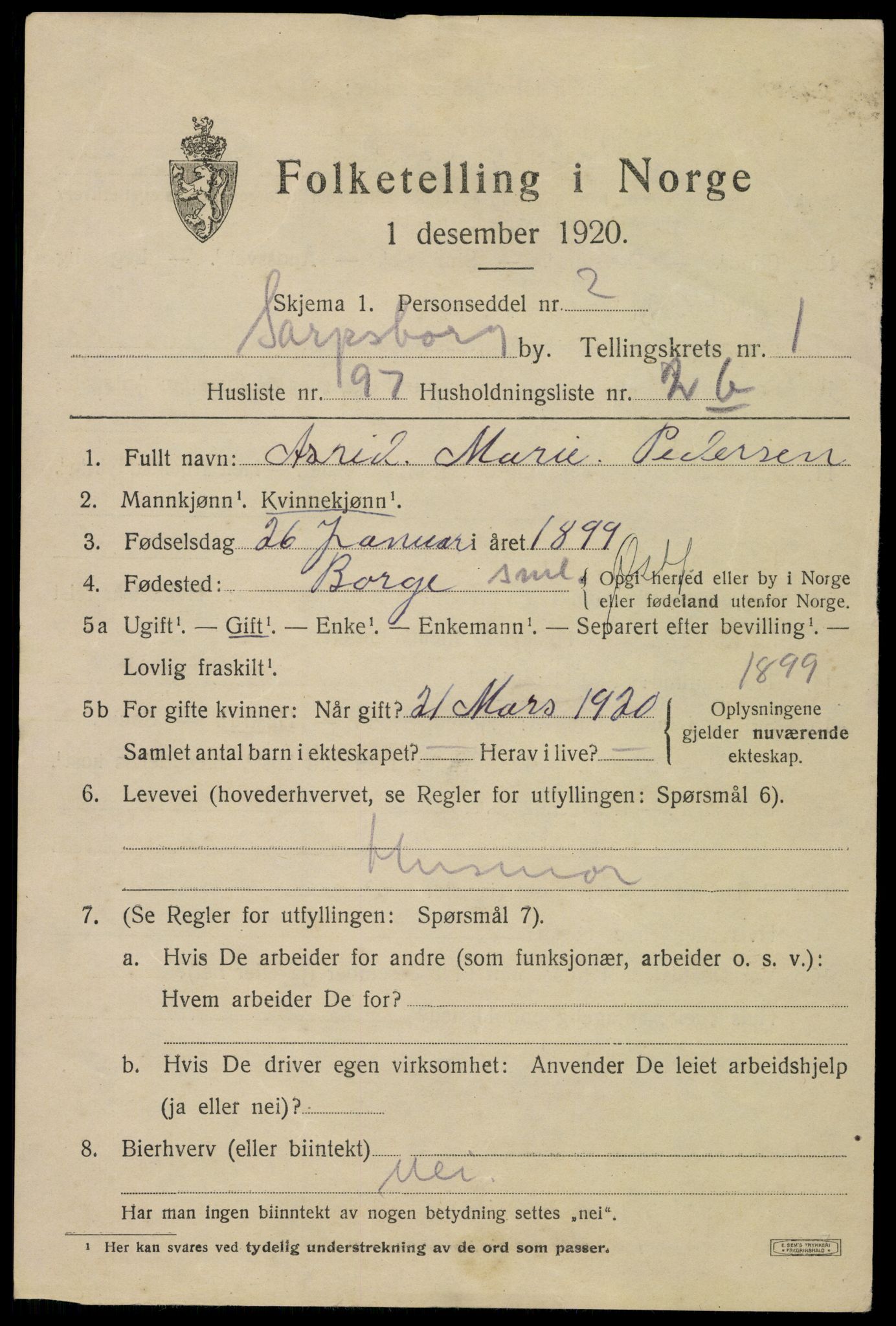 SAO, 1920 census for Sarpsborg, 1920, p. 9280