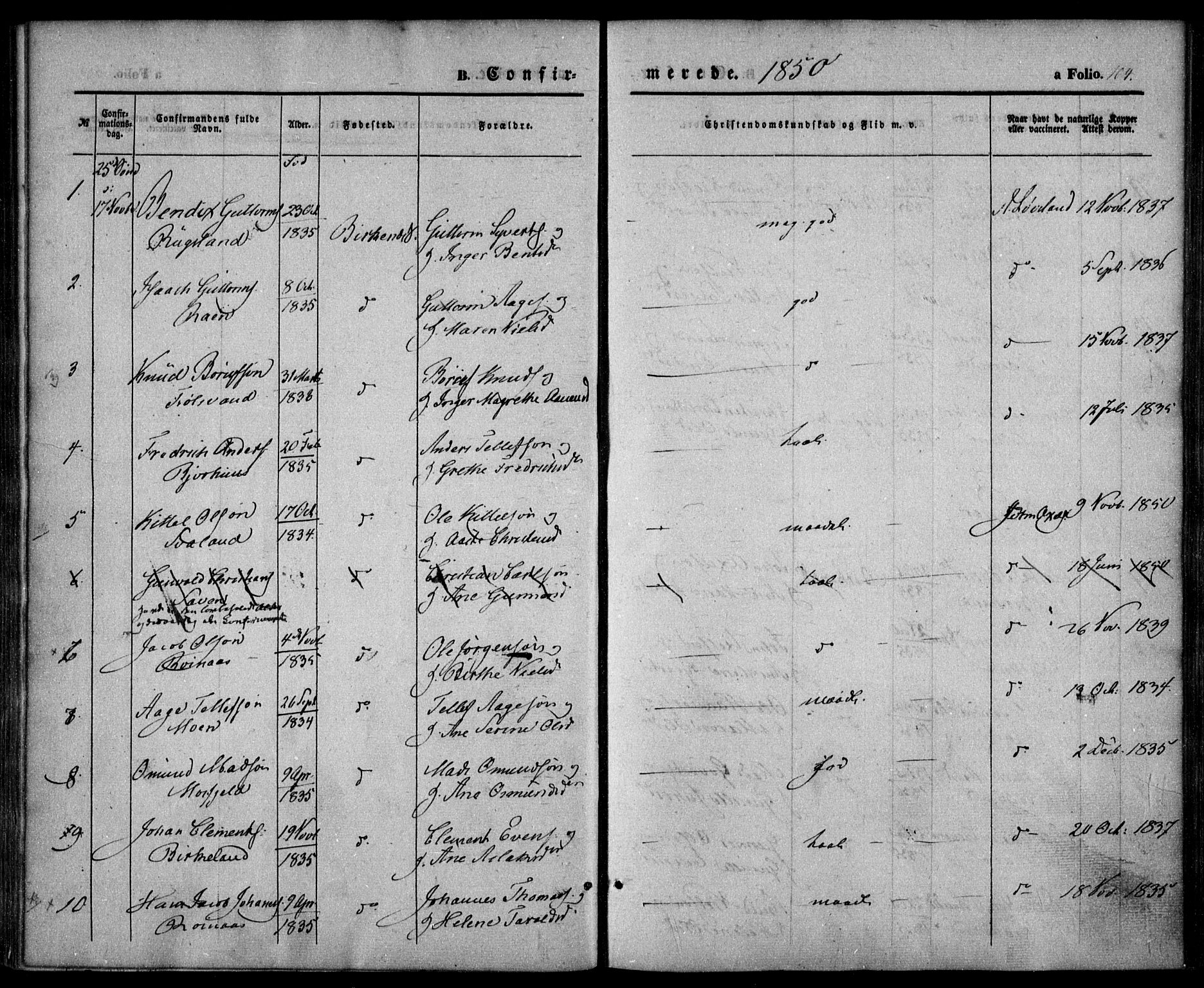 Birkenes sokneprestkontor, SAK/1111-0004/F/Fa/L0003: Parish register (official) no. A 3, 1850-1866, p. 104