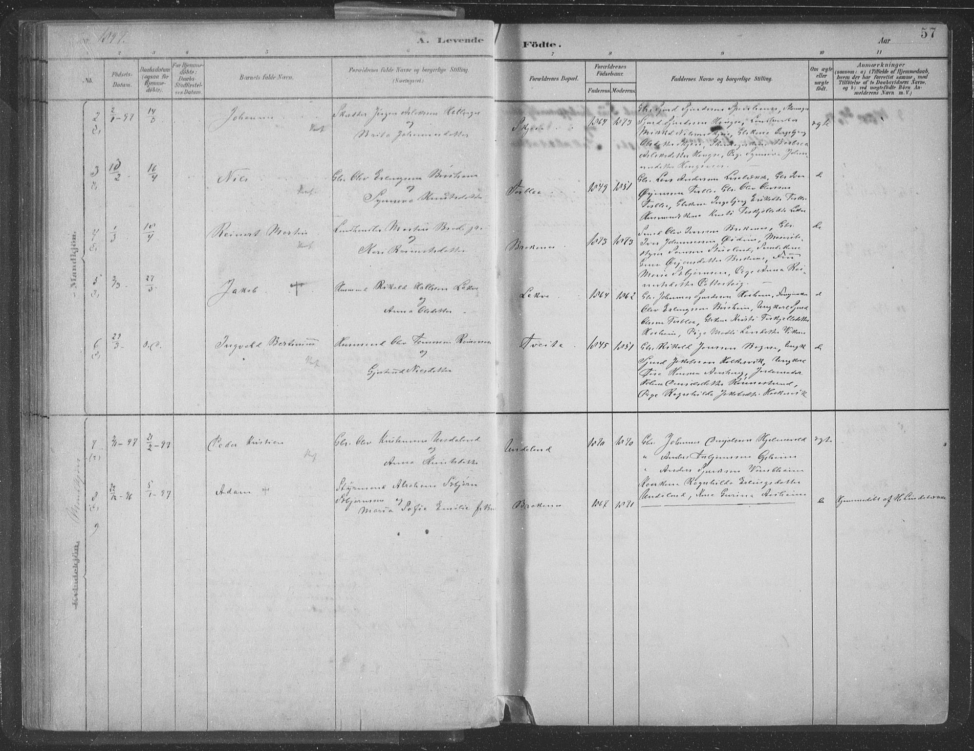 Ulvik sokneprestembete, SAB/A-78801/H/Hab: Parish register (copy) no. A 3, 1883-1908, p. 57