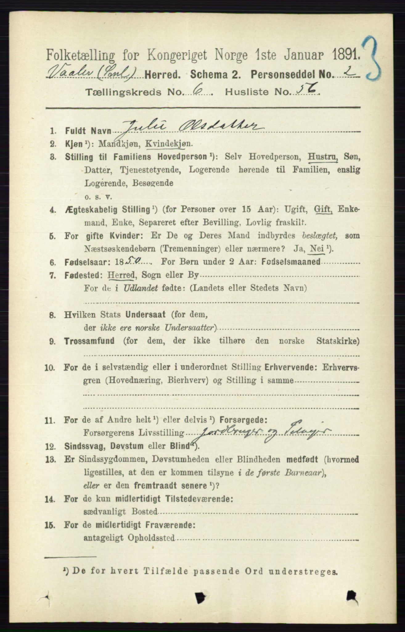 RA, 1891 census for 0137 Våler, 1891, p. 2664