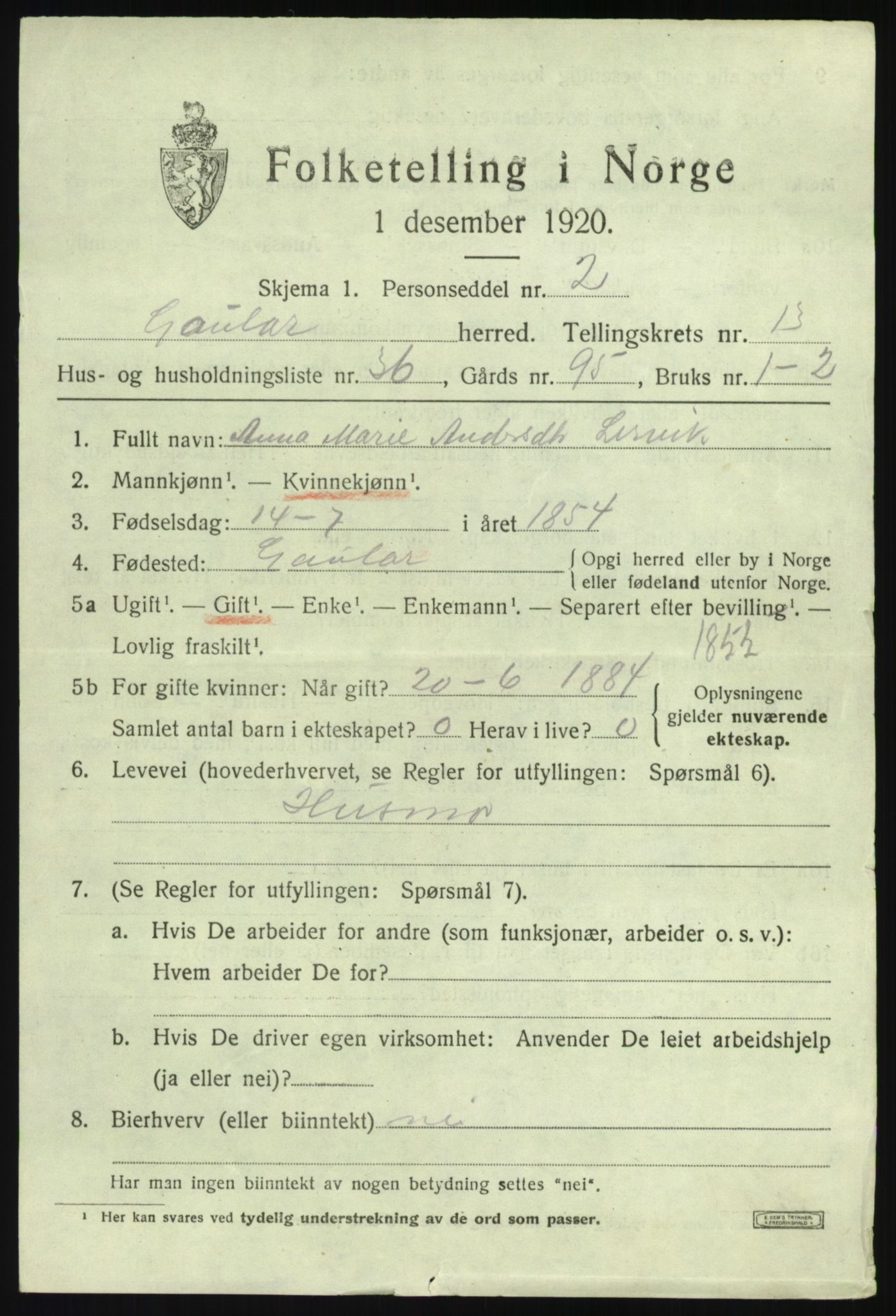 SAB, 1920 census for Gaular, 1920, p. 6368