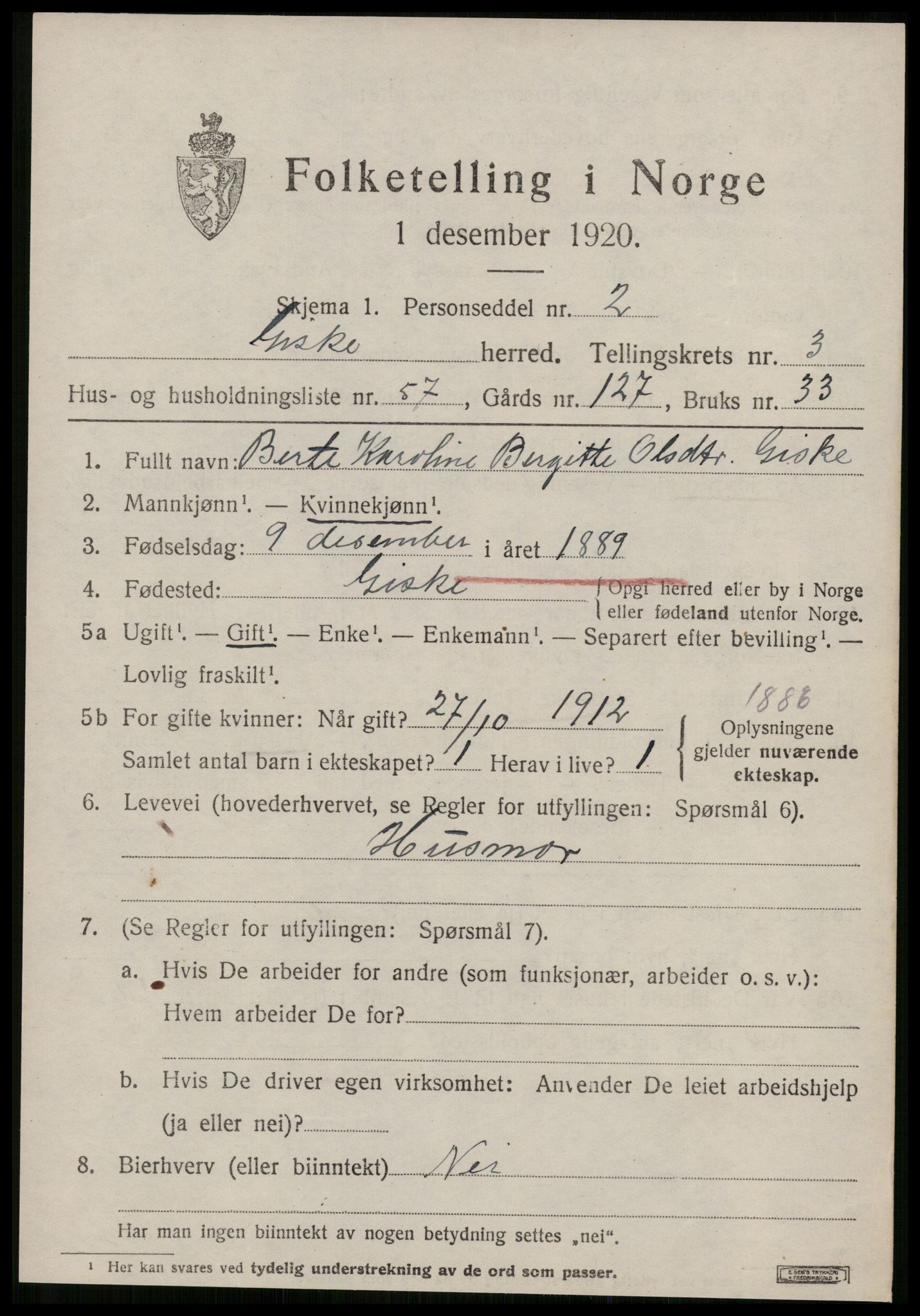 SAT, 1920 census for Giske, 1920, p. 2614