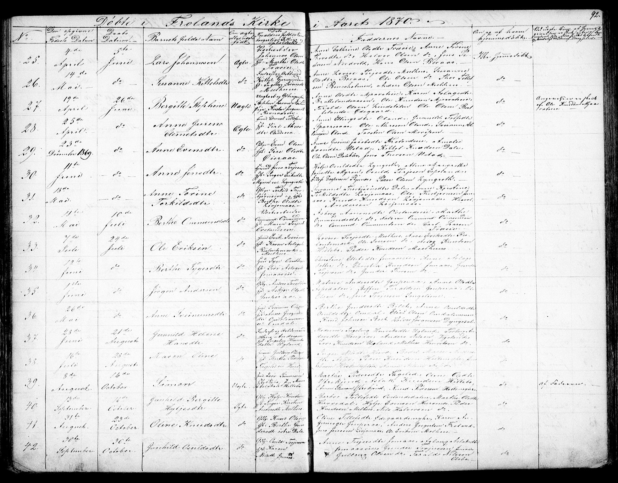 Froland sokneprestkontor, AV/SAK-1111-0013/F/Fb/L0008: Parish register (copy) no. B 8, 1843-1875, p. 92