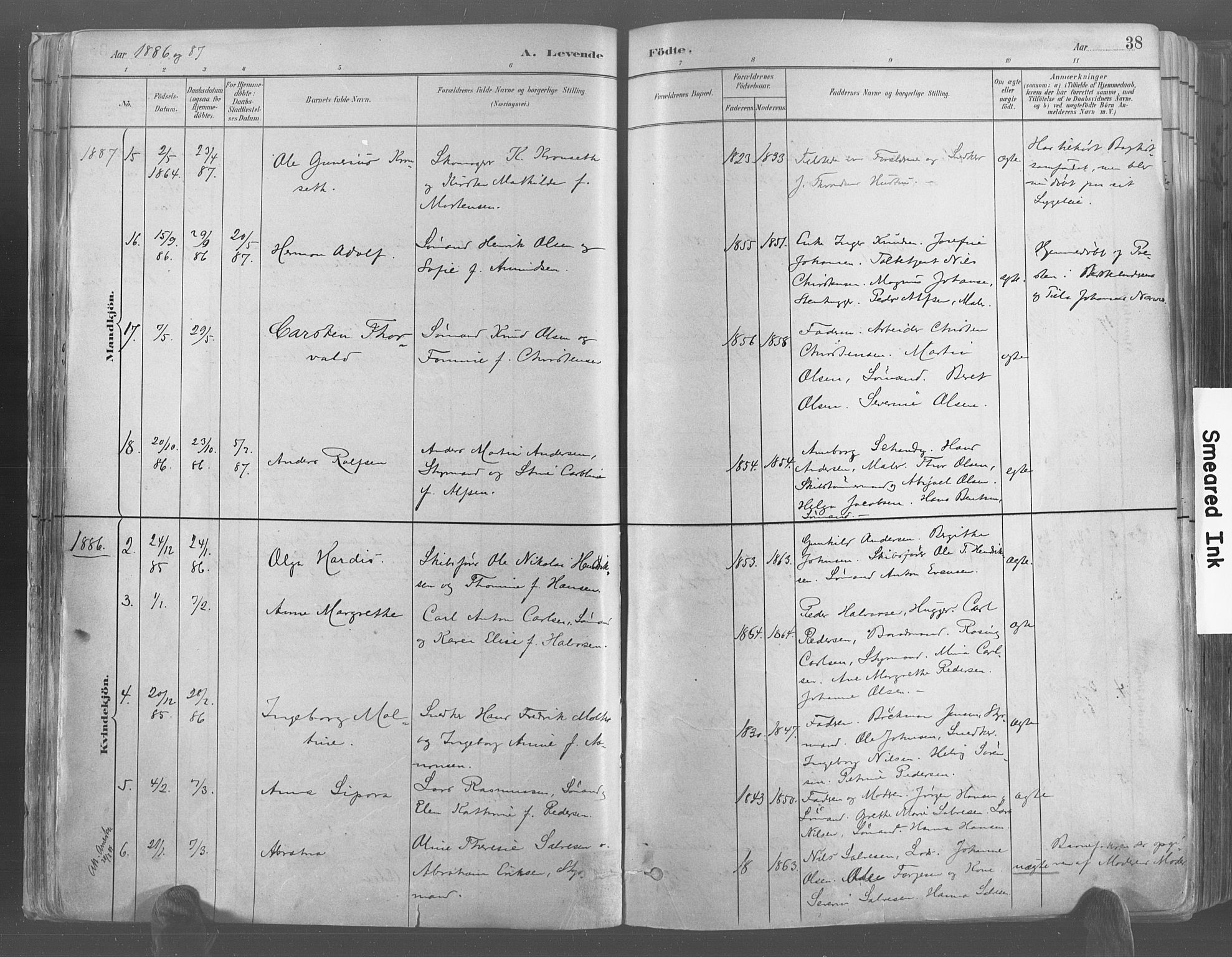 Risør sokneprestkontor, AV/SAK-1111-0035/F/Fa/L0005: Parish register (official) no. A 5, 1883-1895, p. 38