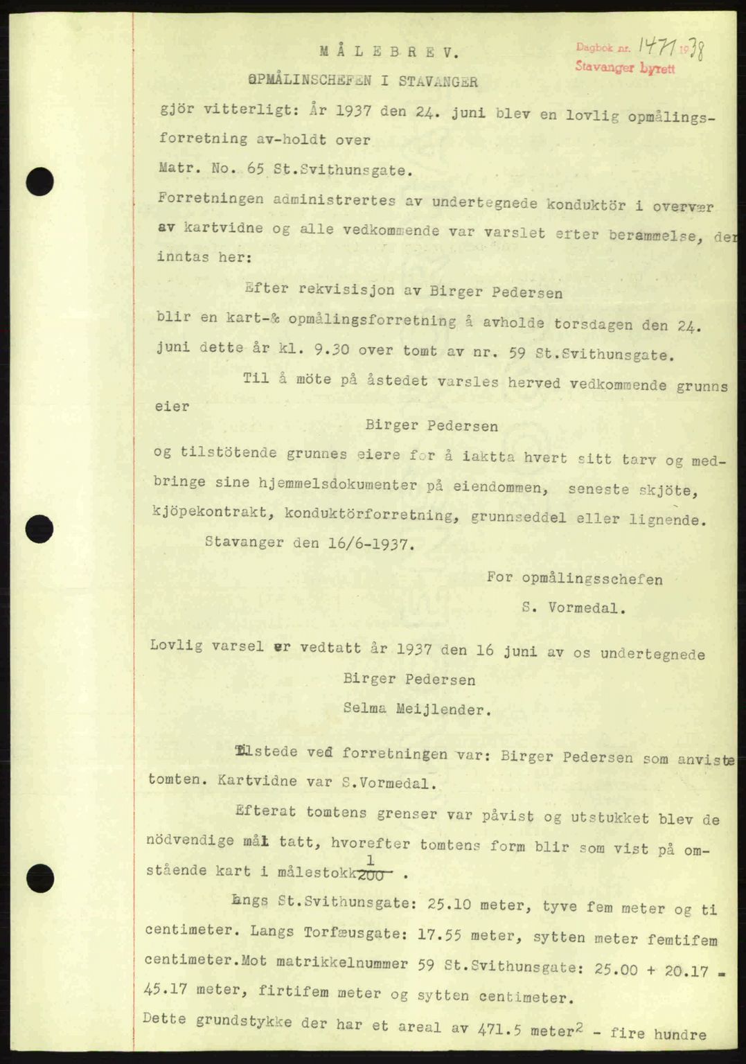 Stavanger byrett, SAST/A-100455/002/G/Gb/L0013: Mortgage book no. A3, 1937-1938, Diary no: : 1471/1938