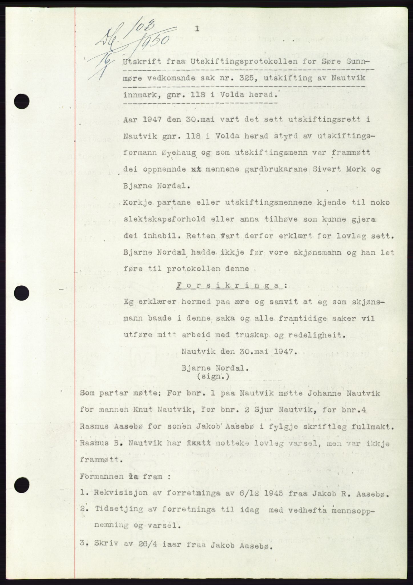 Søre Sunnmøre sorenskriveri, AV/SAT-A-4122/1/2/2C/L0086: Mortgage book no. 12A, 1949-1950, Diary no: : 103/1950