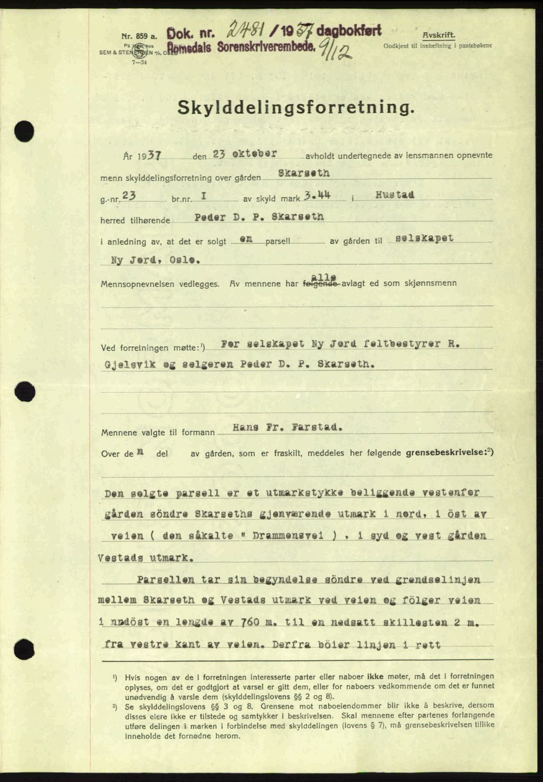 Romsdal sorenskriveri, AV/SAT-A-4149/1/2/2C: Mortgage book no. A4, 1937-1938, Diary no: : 2481/1937