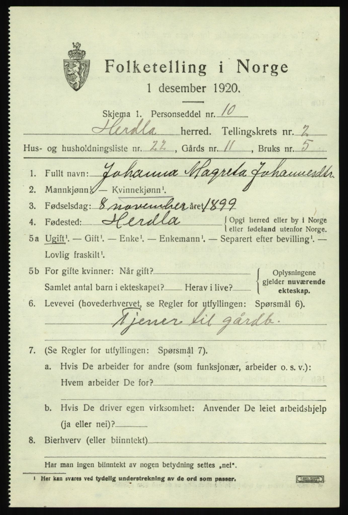 SAB, 1920 census for Herdla, 1920, p. 2737