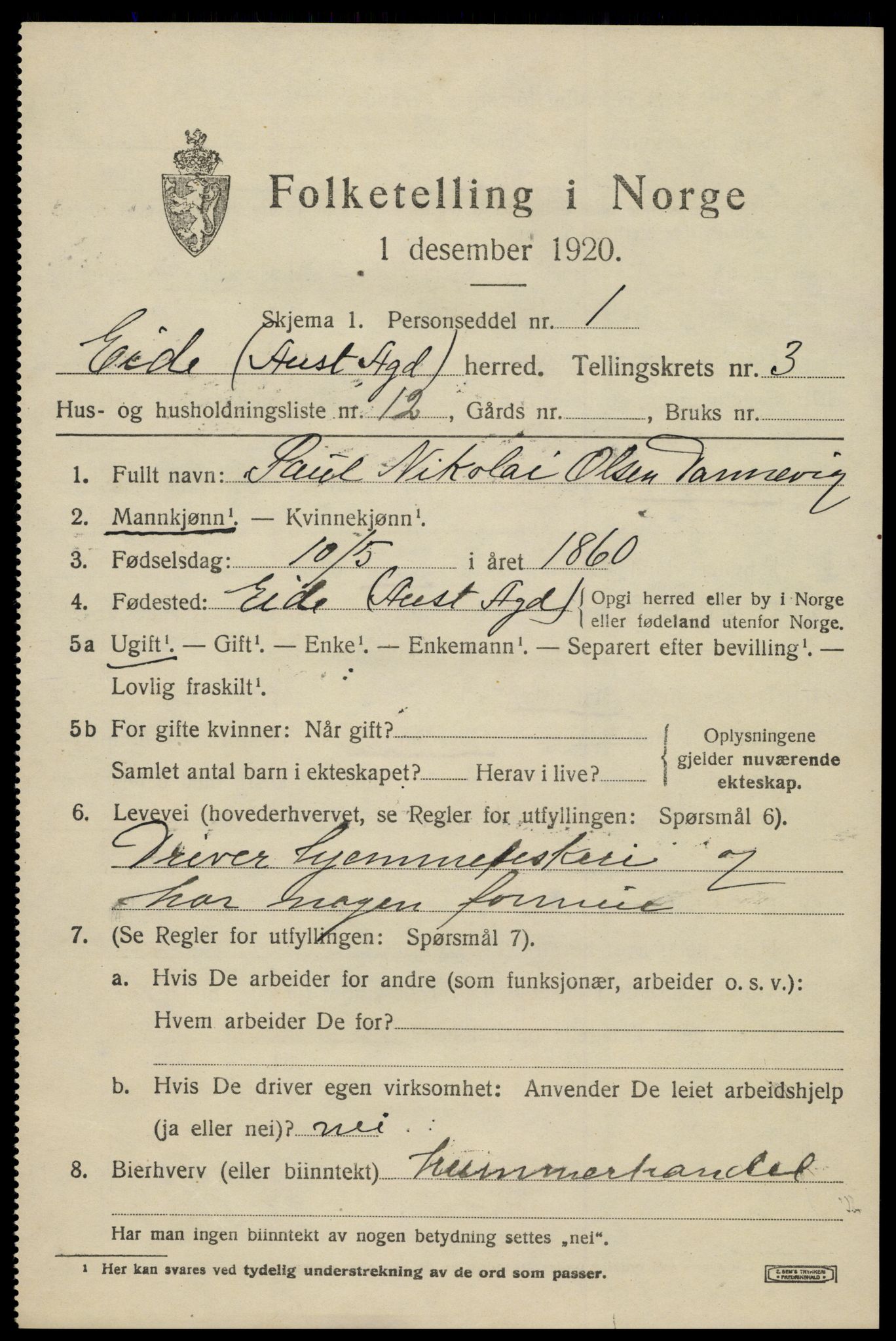 SAK, 1920 census for Eide, 1920, p. 1030