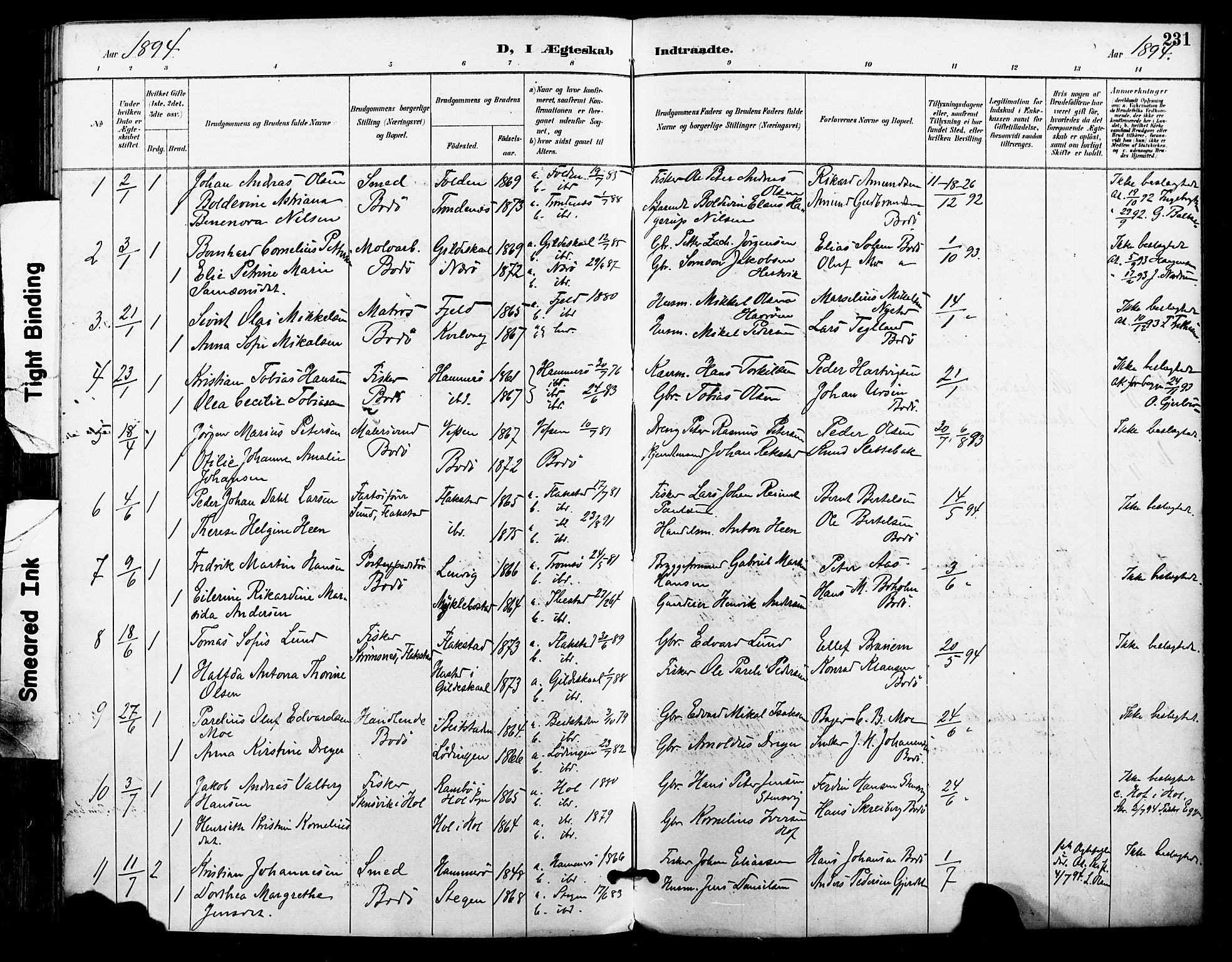 Ministerialprotokoller, klokkerbøker og fødselsregistre - Nordland, AV/SAT-A-1459/801/L0010: Parish register (official) no. 801A10, 1888-1899, p. 231