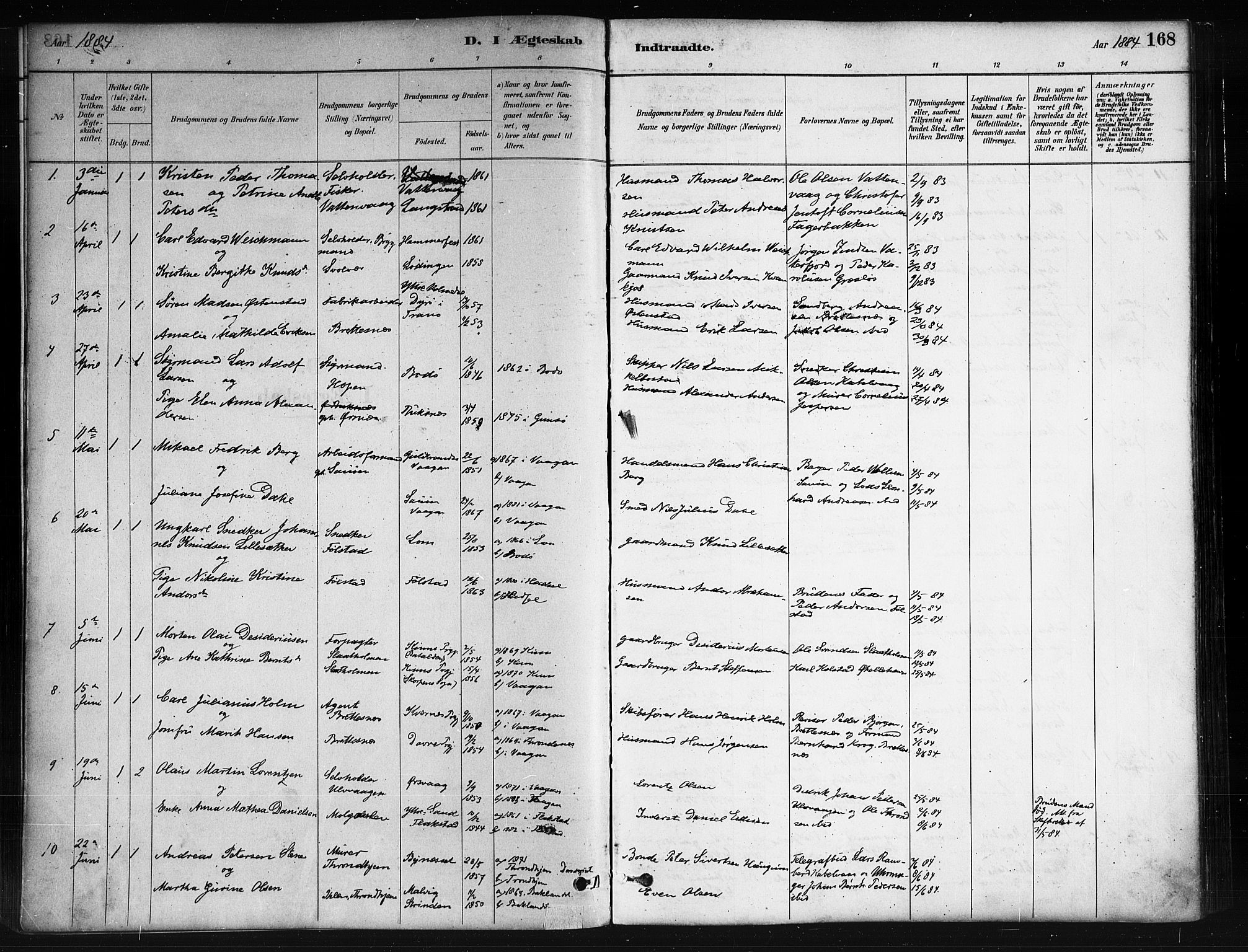 Ministerialprotokoller, klokkerbøker og fødselsregistre - Nordland, AV/SAT-A-1459/874/L1059: Parish register (official) no. 874A03, 1884-1890, p. 168