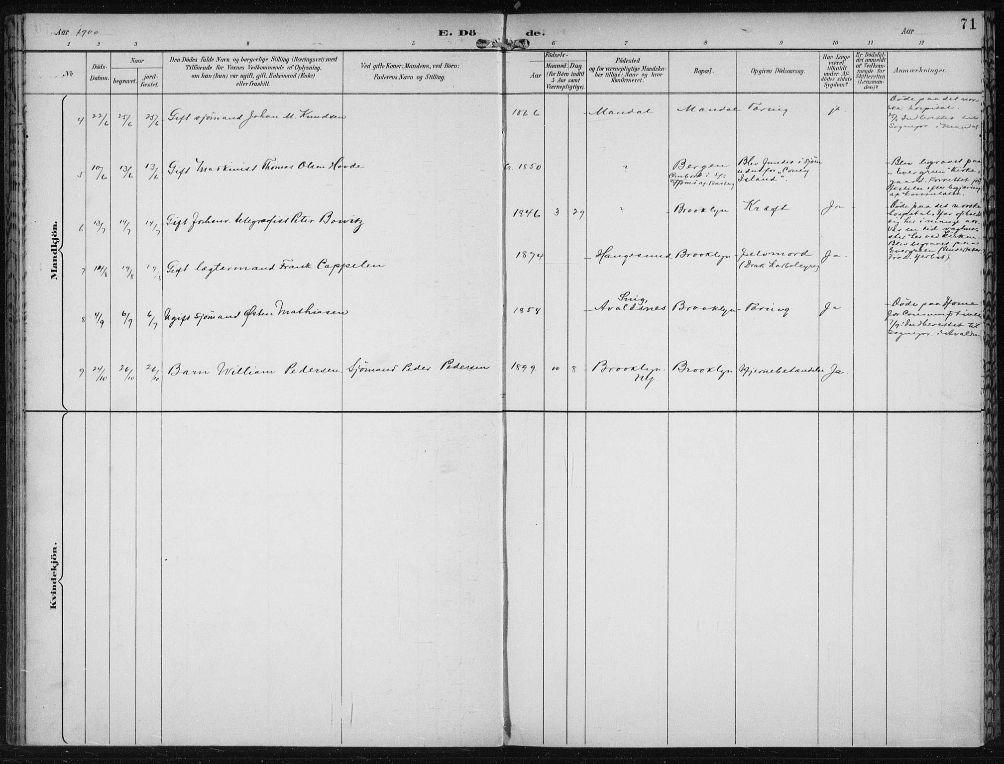 Den norske sjømannsmisjon i utlandet/New York, SAB/SAB/PA-0110/H/Ha/L0004: Parish register (official) no. A 4, 1893-1901, p. 71