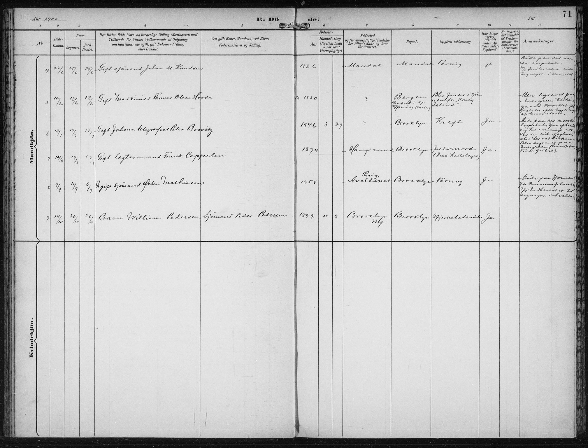 Den norske sjømannsmisjon i utlandet/New York, AV/SAB-SAB/PA-0110/H/Ha/L0004: Parish register (official) no. A 4, 1893-1901, p. 71