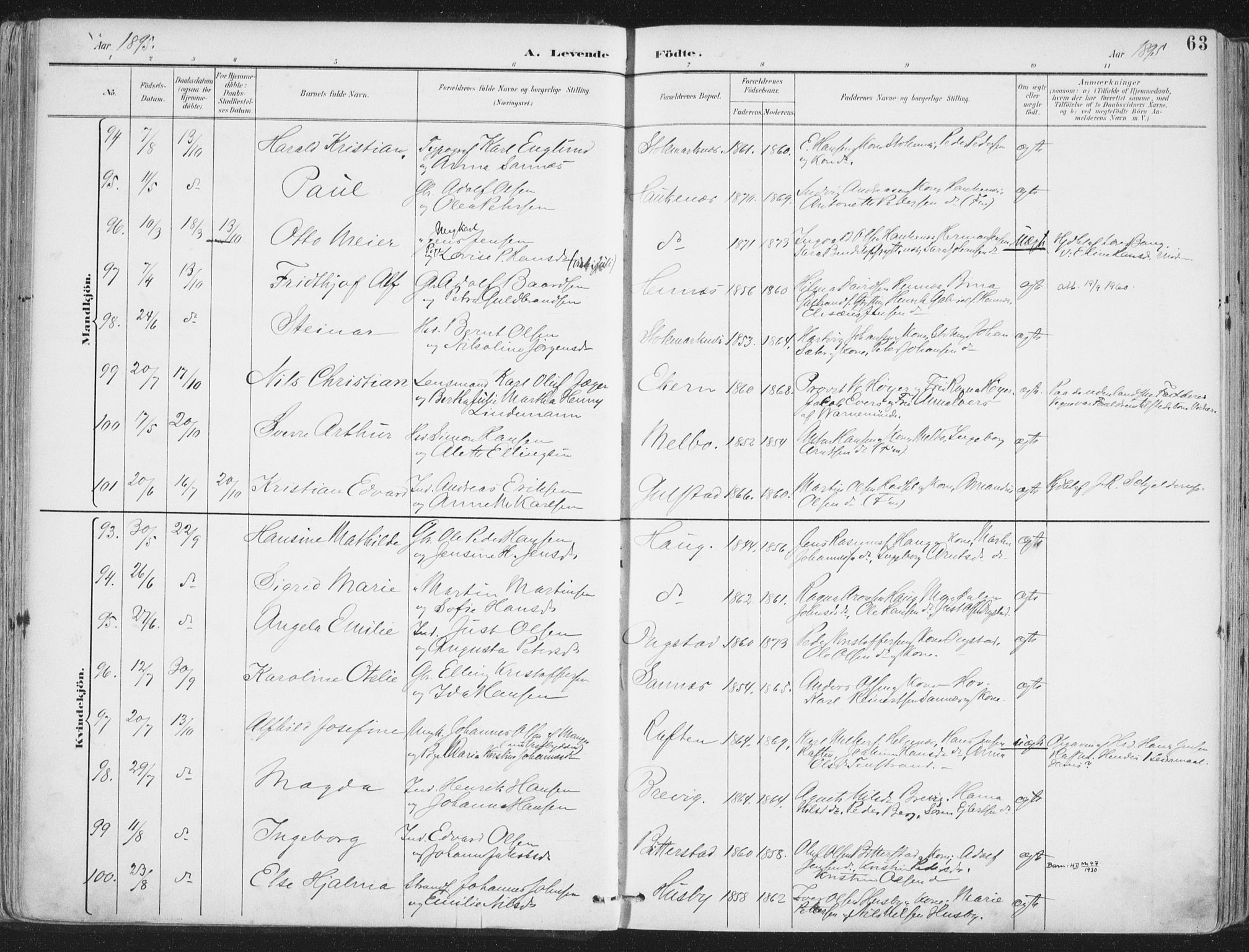 Ministerialprotokoller, klokkerbøker og fødselsregistre - Nordland, AV/SAT-A-1459/888/L1246: Parish register (official) no. 888A12, 1891-1903, p. 63