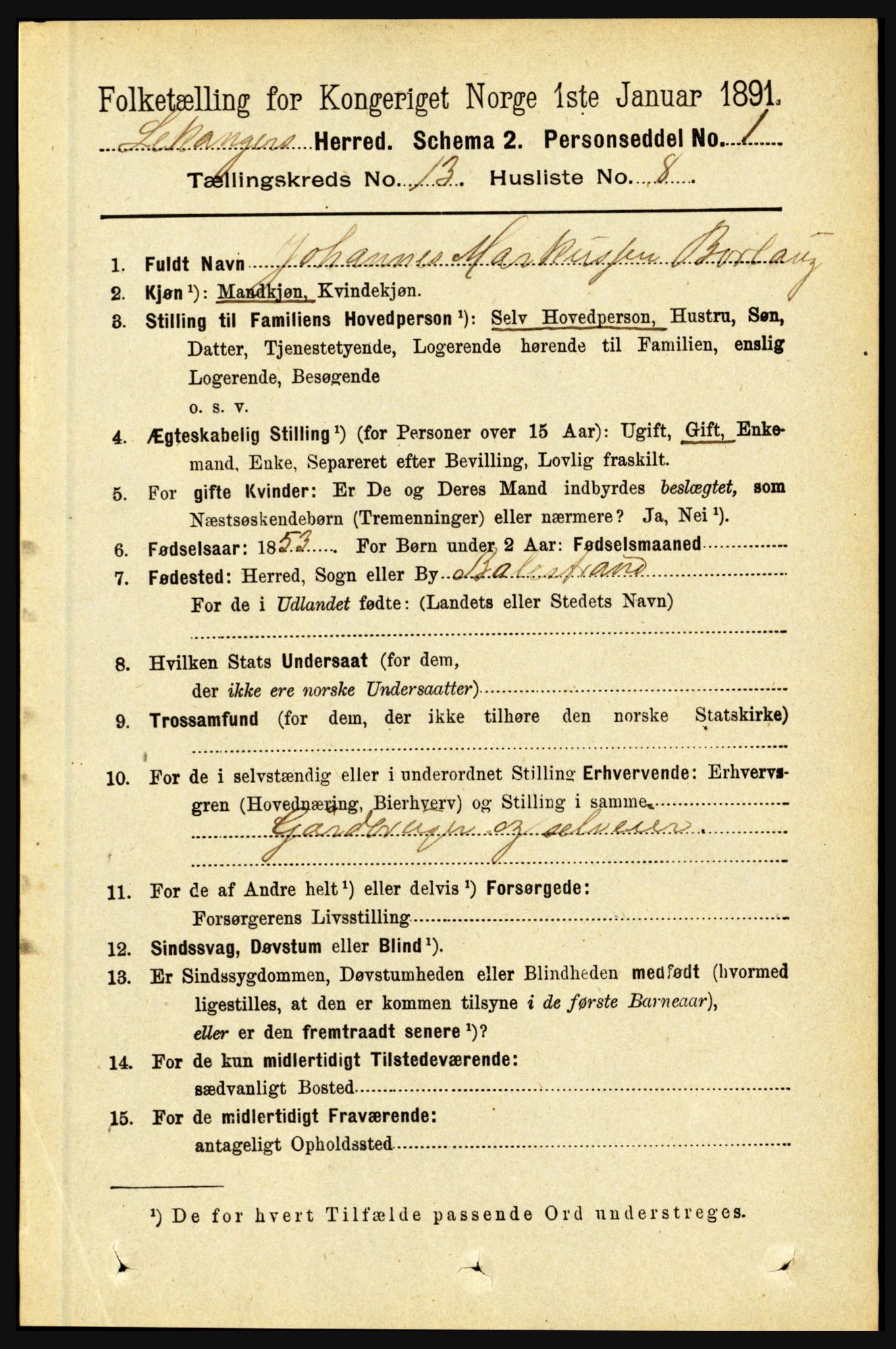 RA, 1891 census for 1419 Leikanger, 1891, p. 2496