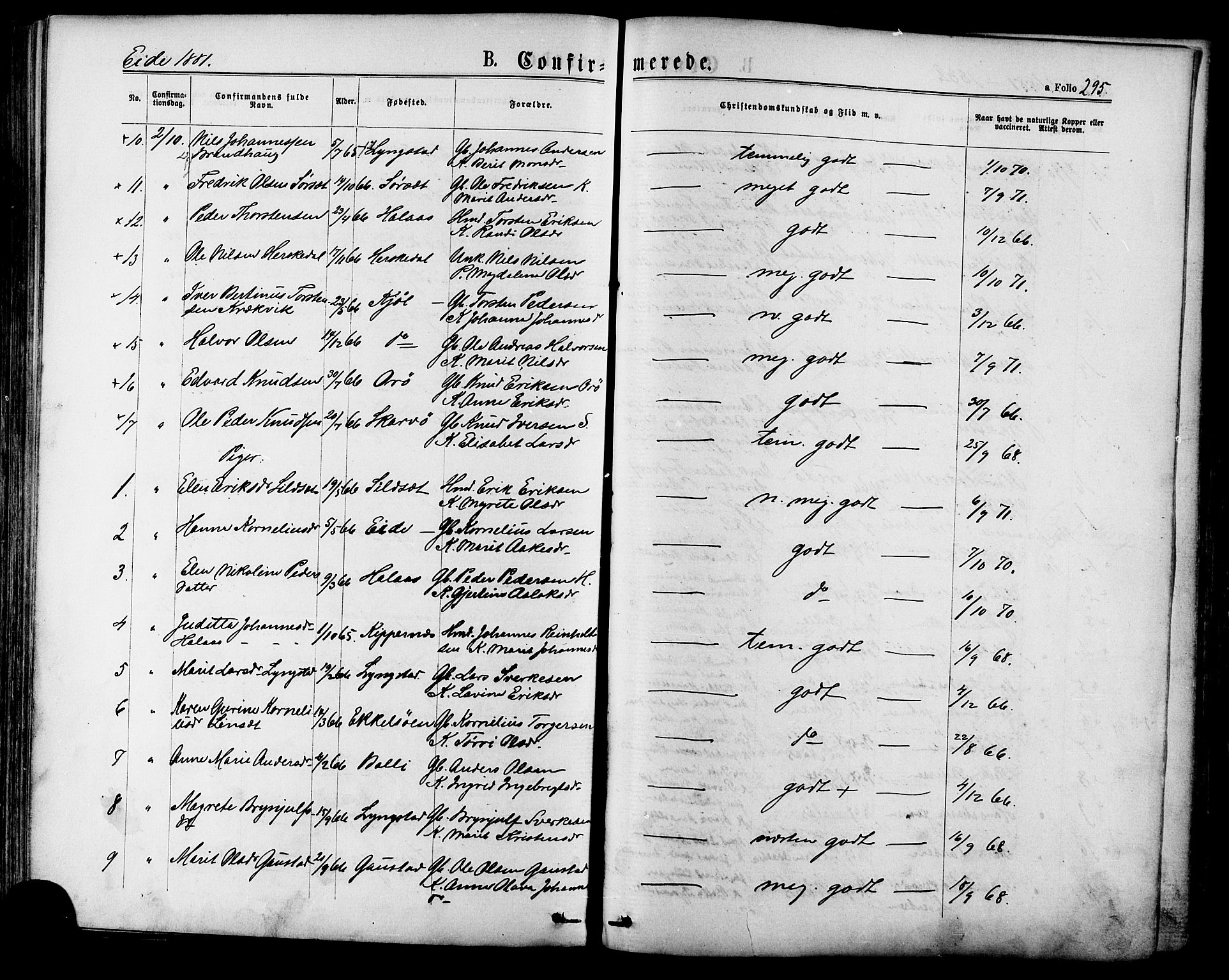 Ministerialprotokoller, klokkerbøker og fødselsregistre - Møre og Romsdal, AV/SAT-A-1454/568/L0806: Parish register (official) no. 568A12 /4, 1878-1884, p. 295