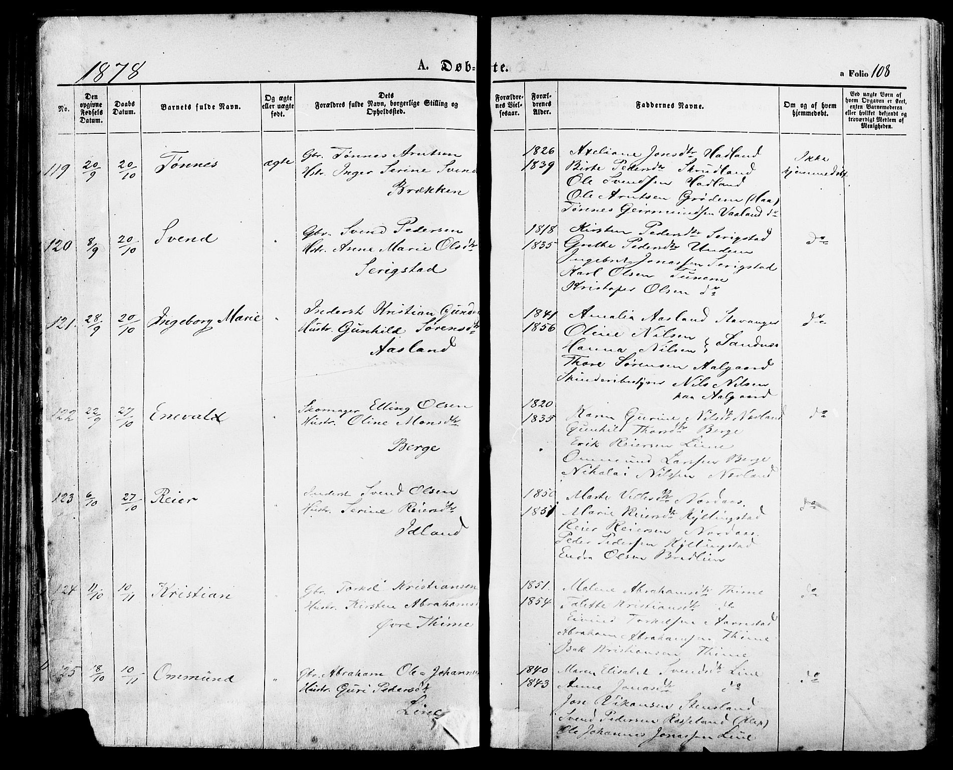 Lye sokneprestkontor, AV/SAST-A-101794/001/30BA/L0008: Parish register (official) no. A 7, 1872-1881, p. 108