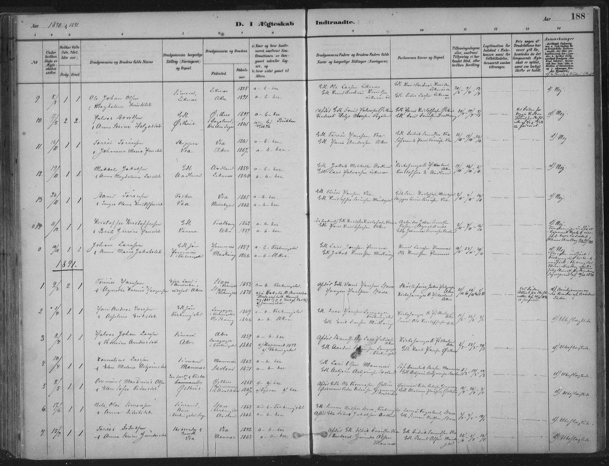 Kopervik sokneprestkontor, SAST/A-101850/H/Ha/Haa/L0004: Parish register (official) no. A 4, 1882-1905, p. 188